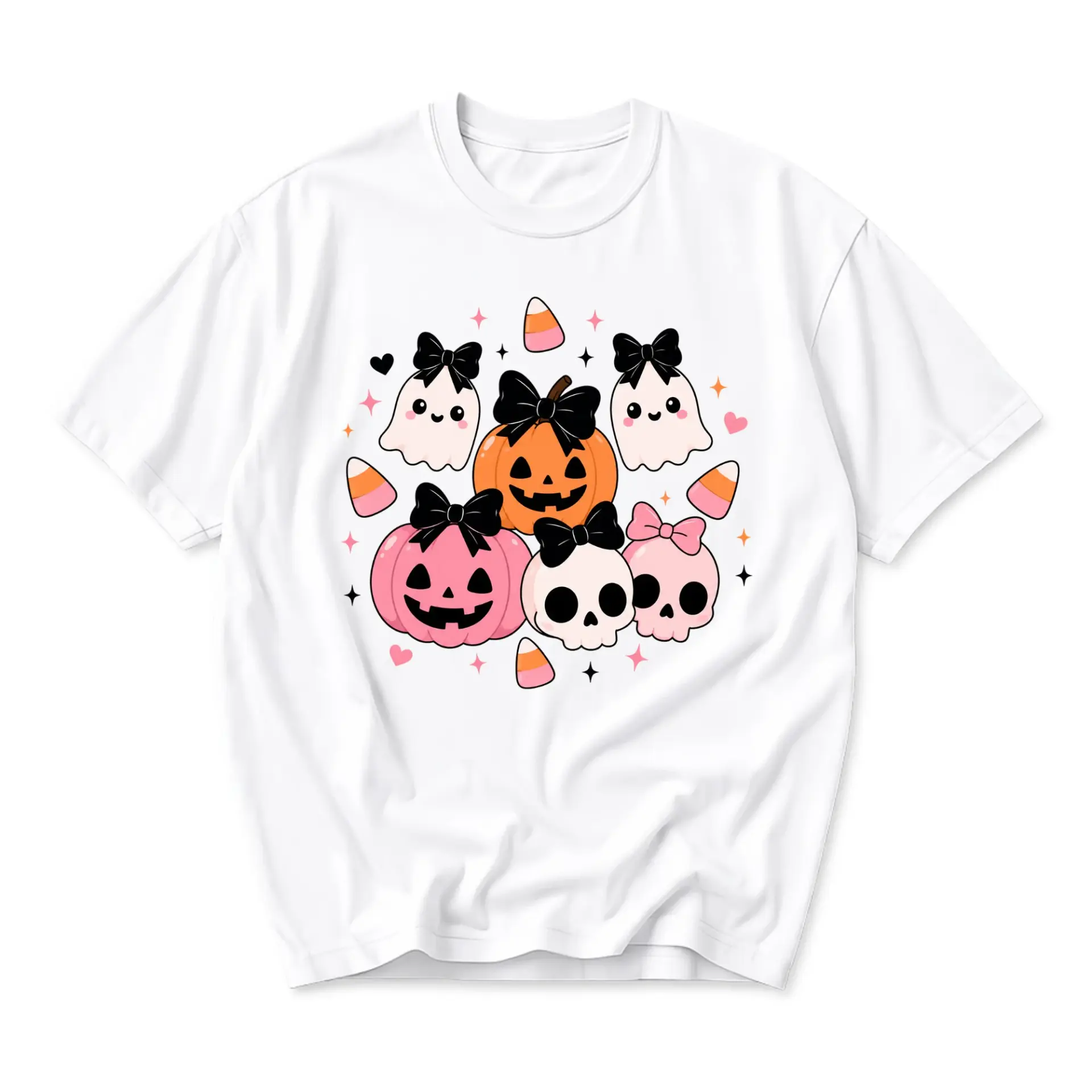 Graphic Tee Cute Halloween Ghost Pumpkin Skull Bow Print Unisex Crew Neck Casual Everyday Short Sleeve Shirt
