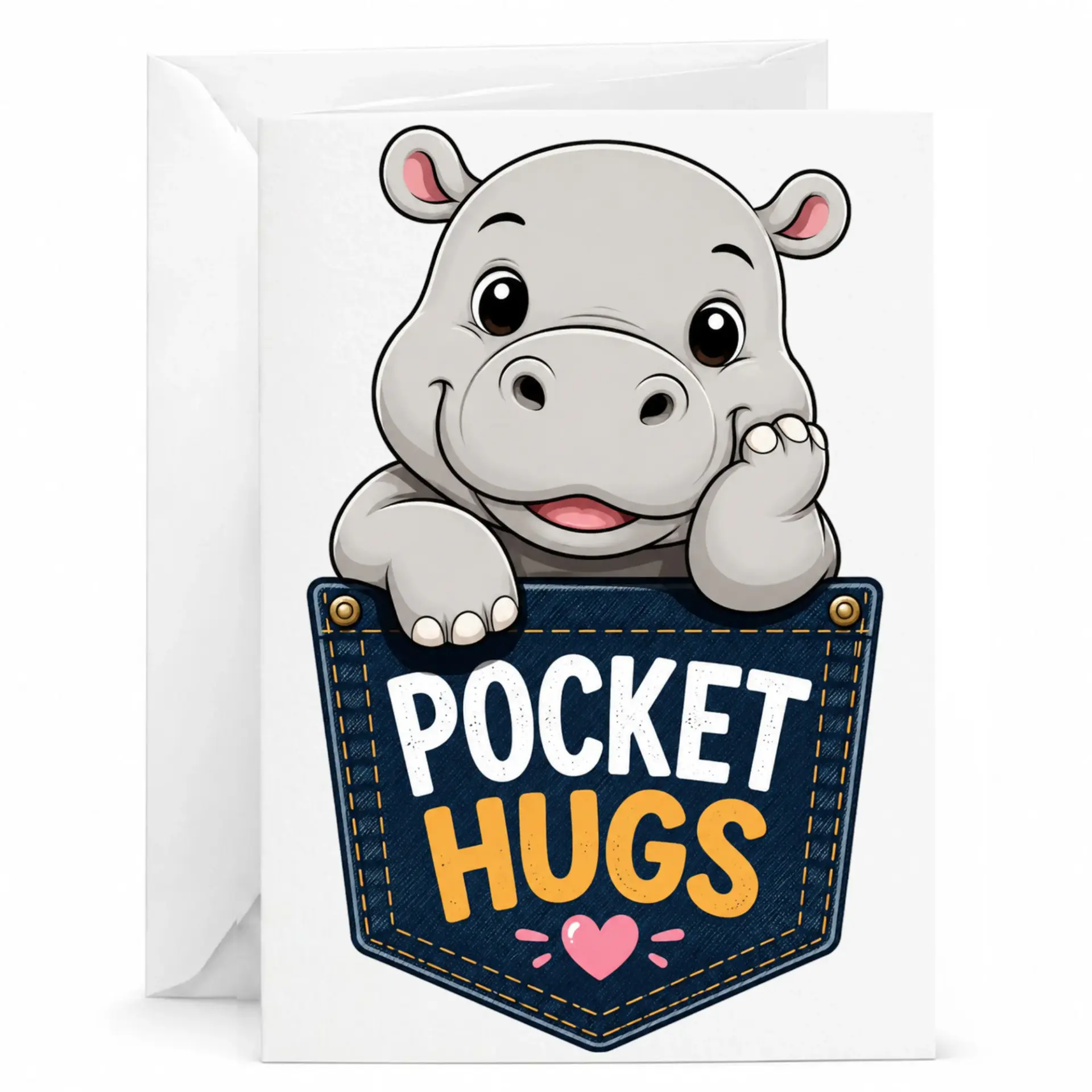 Greeting Card with Cute Hippo Pocket Hugs Illustration and Matching White Envelope for Personal Messages