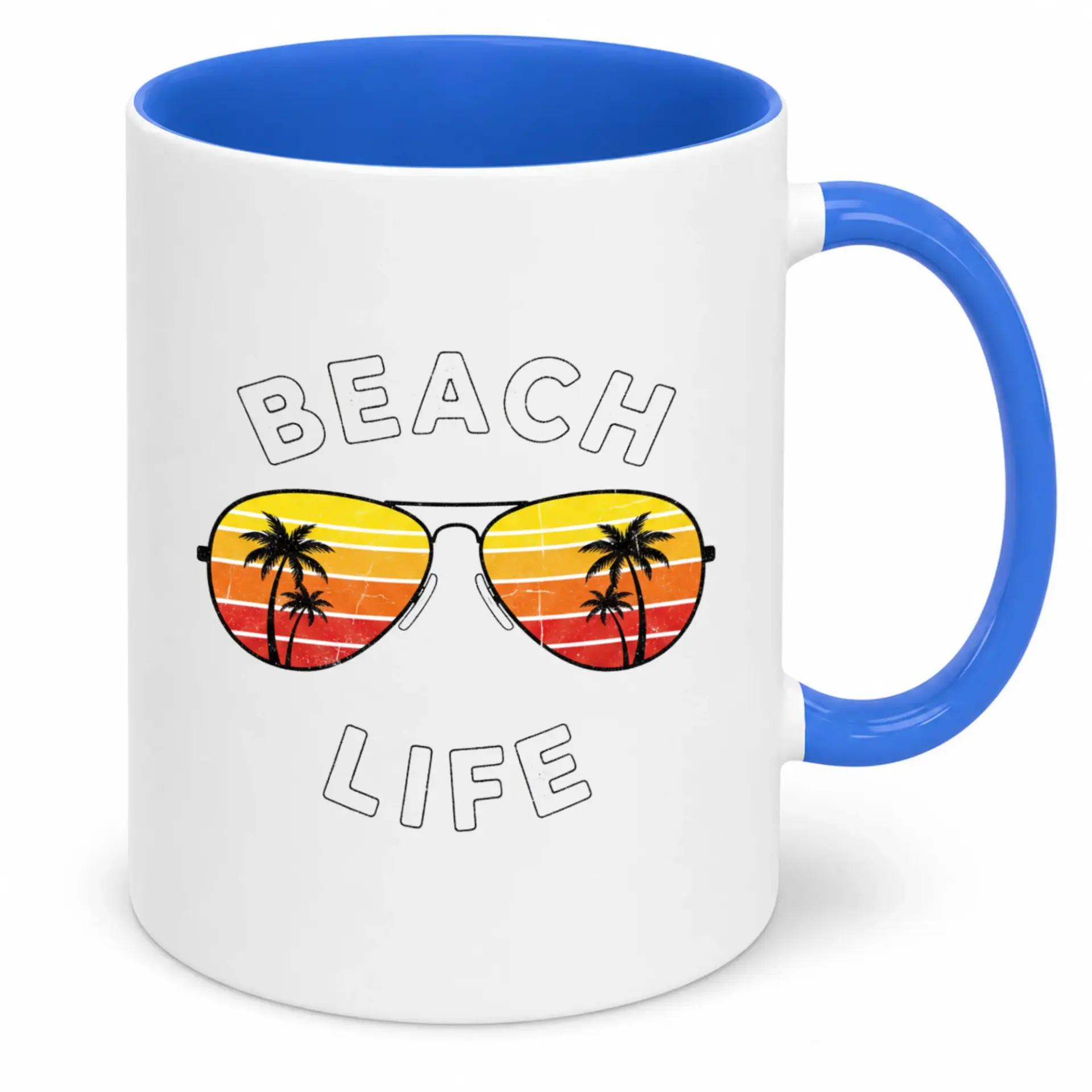 Funny Beach Life Ceramic Coffee Mug with Sunset Palm Trees Design, Two-Tone Blue Handle & Interior, 11oz or 15oz Summer Vacation Drinkware