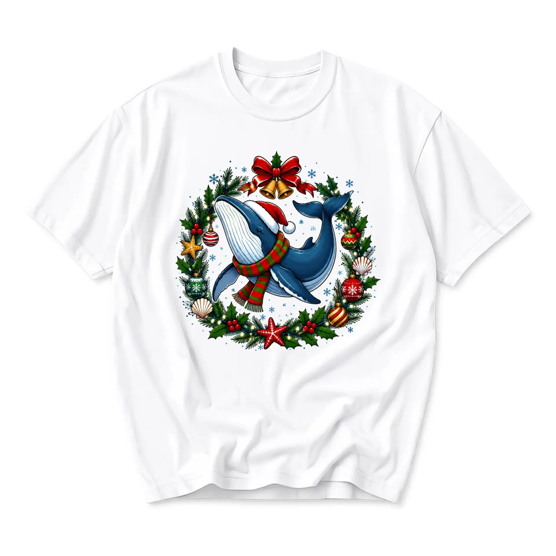 Graphic Tee Unisex Holiday Whale Christmas Wreath Print Crew Neck Short Sleeve Cotton Casual Everyday Shirt