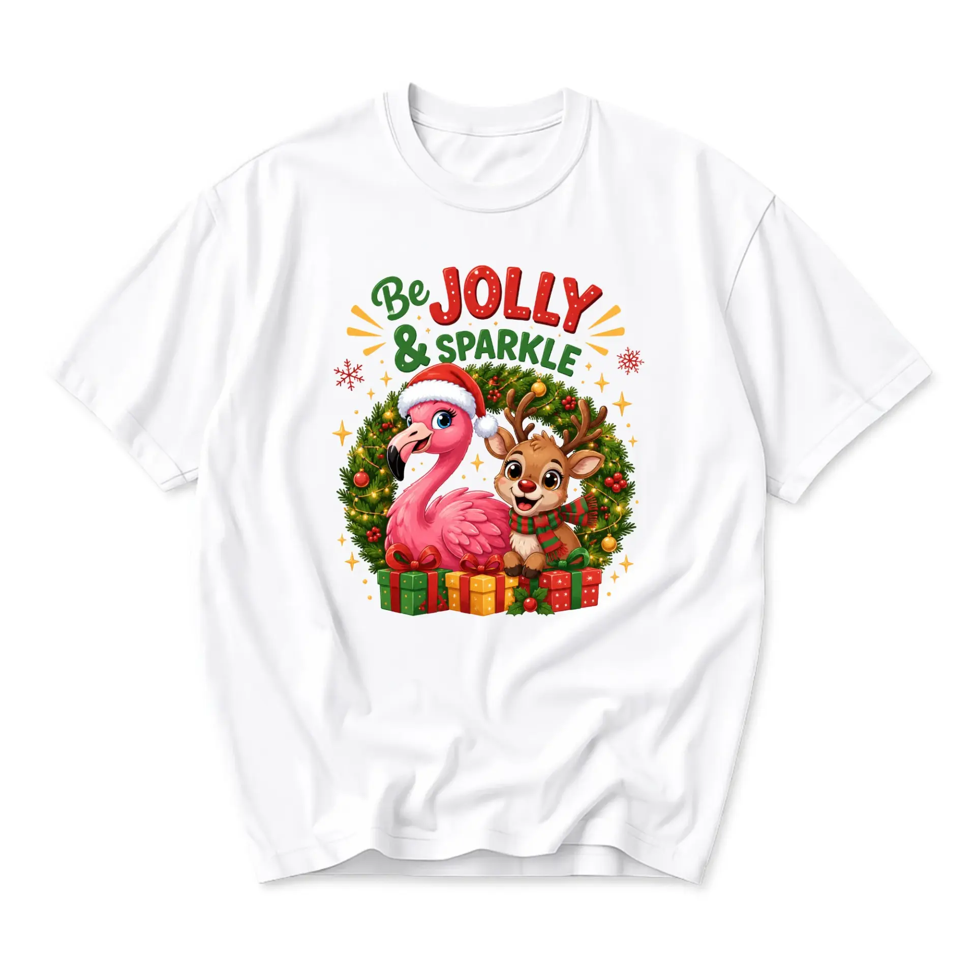 Graphic Tee Be Jolly and Sparkle Holiday Flamingo Reindeer Print Unisex
