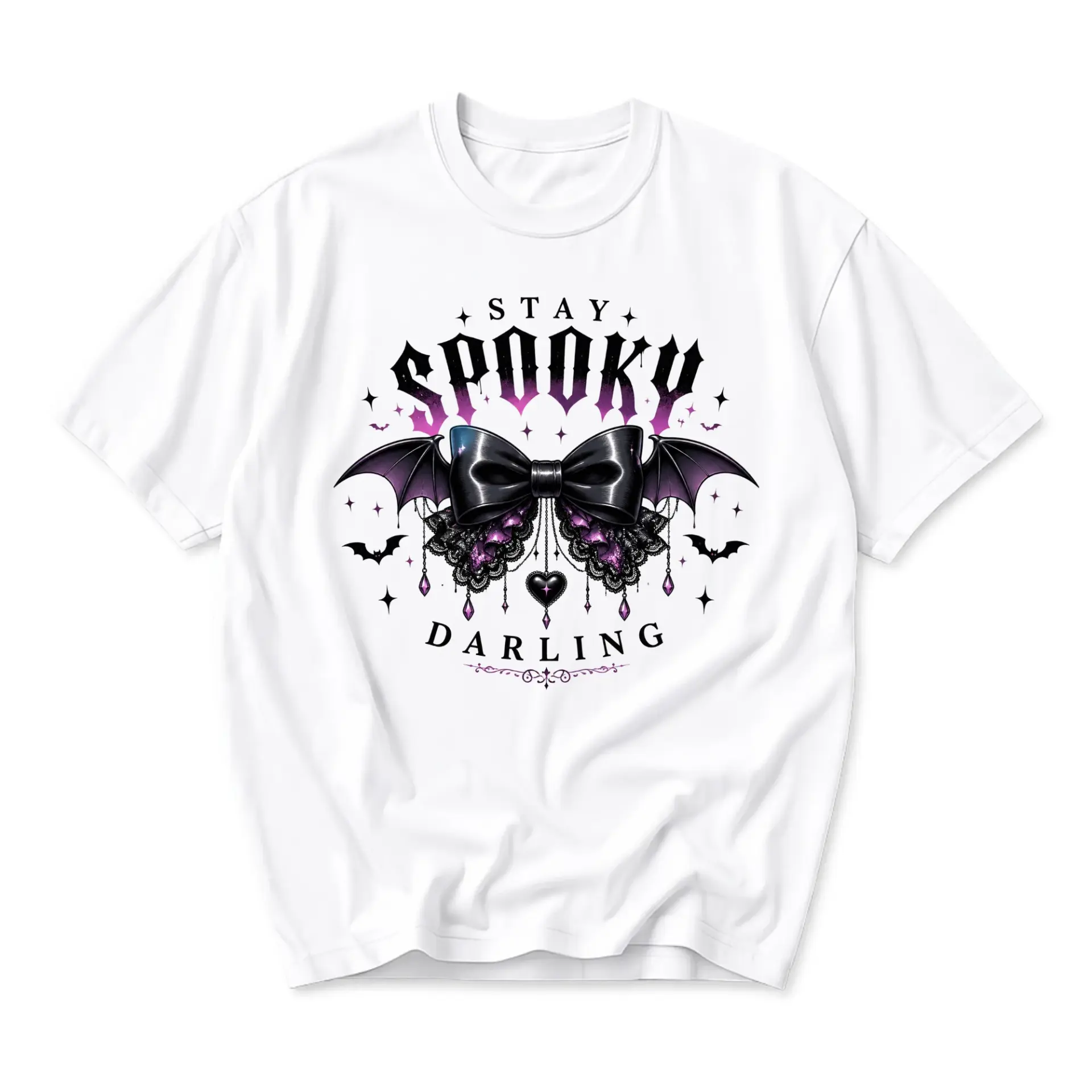 Graphic Tee Stay Spooky Darling Unisex Cotton Shirt with Bat Wing Bow Design for Everyday Casual Wear and Style