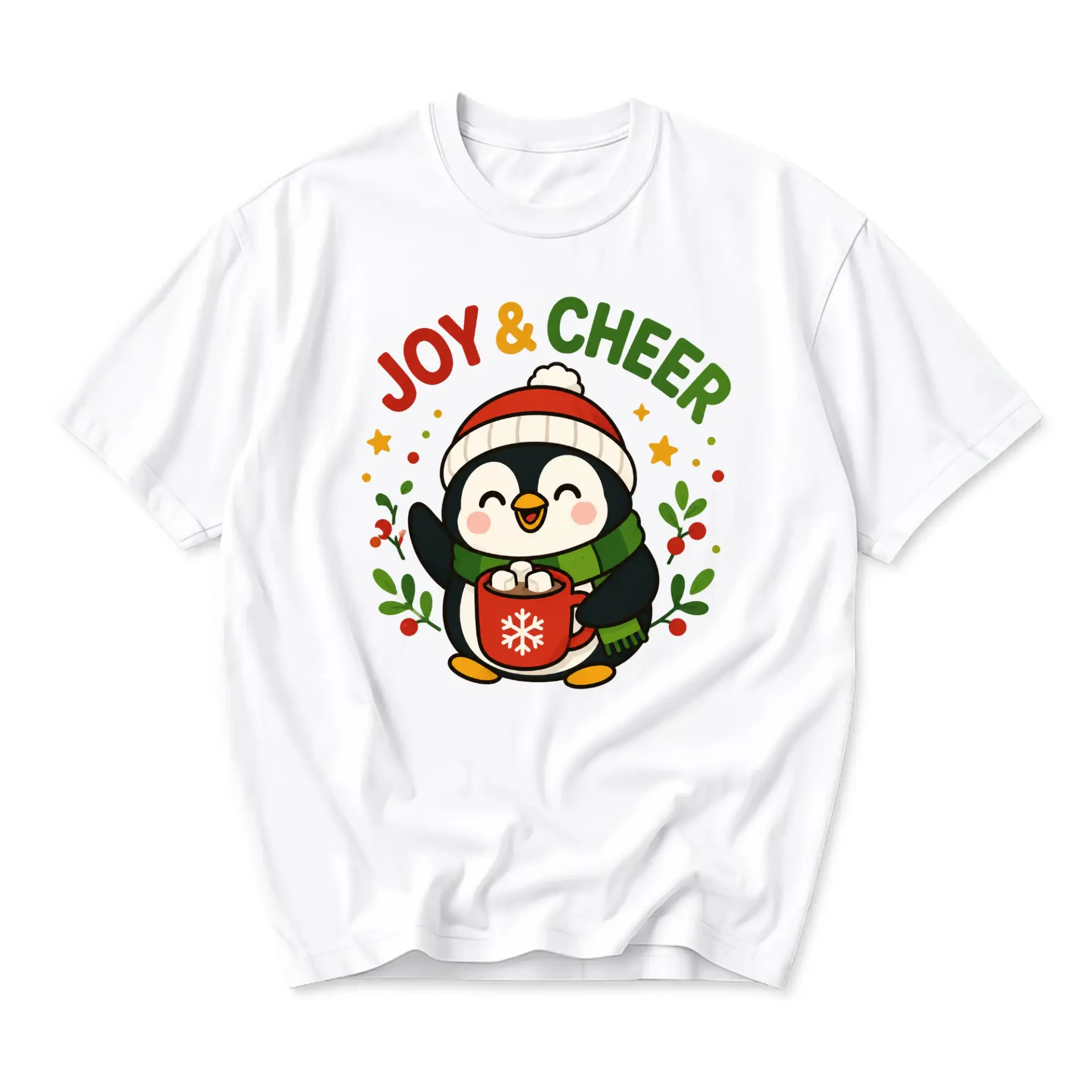 Graphic Tee Unisex Holiday Penguin Joy and Cheer Soft Cotton Crew Neck Casual Short Sleeve Apparel for Winter Parties