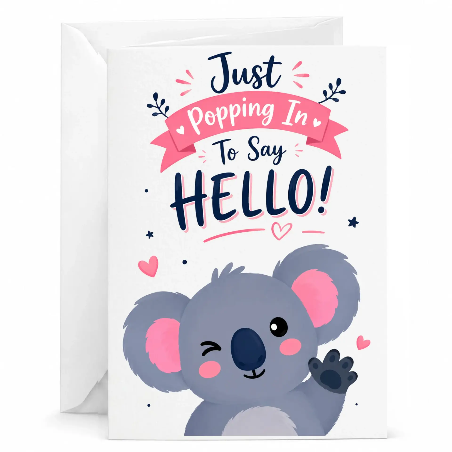 Greeting Card Featuring Cute Winking Koala Illustration with Just Popping in to Say Hello Design for Special Notes