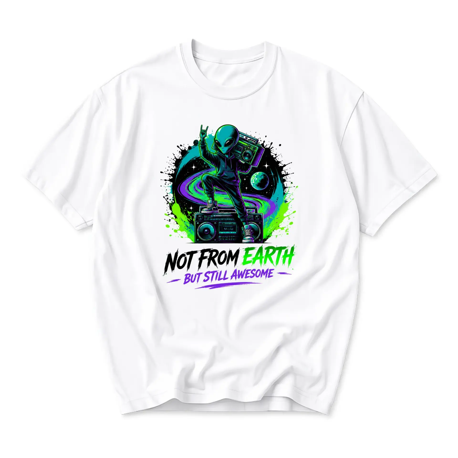 Graphic Tee Not from Earth but Still Awesome Alien Wearing Hoodie with Retro Boombox Space Themed Art Print Shirt