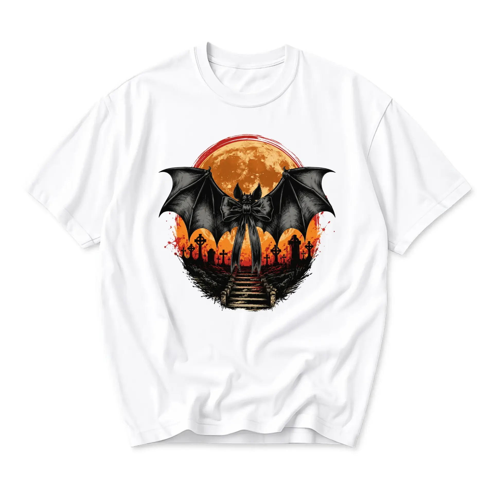 Graphic Tee Gothic Bat Moon Cemetery Art Print Unisex Crew Neck Casual Everyday Wear Soft Cotton Blend Shirt