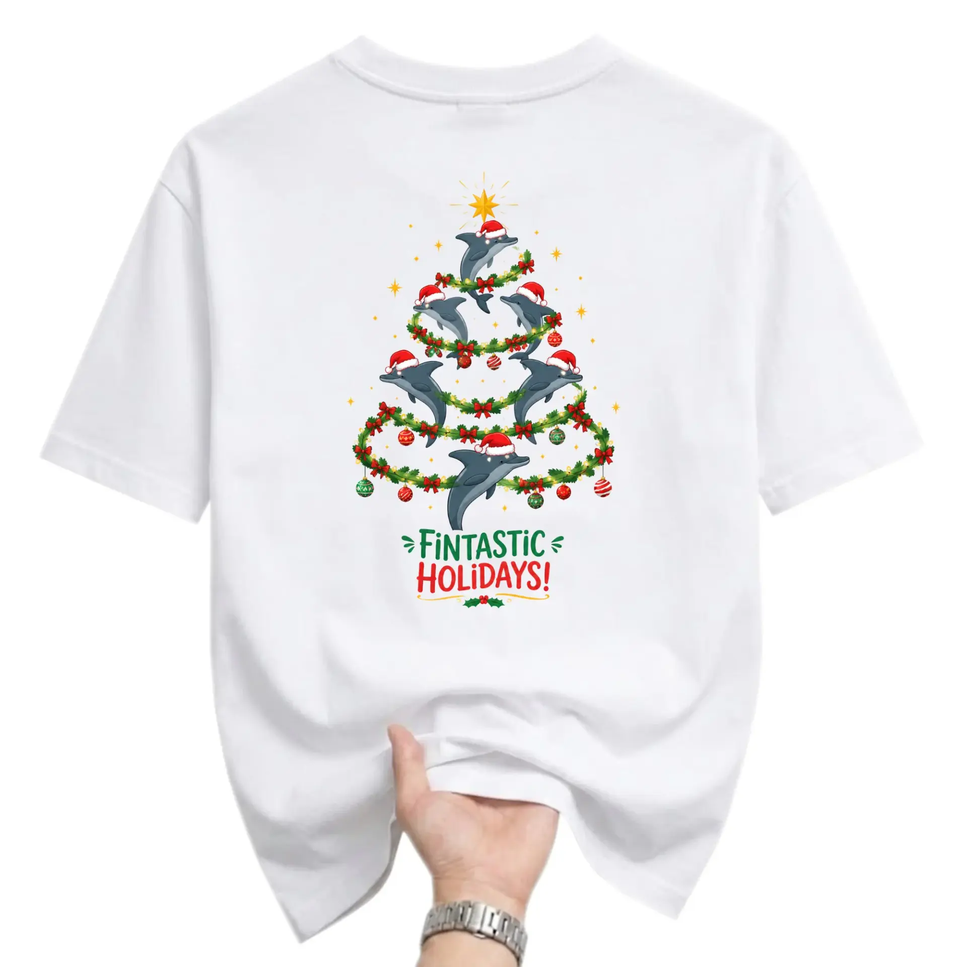 Funny Shirt Fintastic Holidays Dolphin Christmas Tree Graphic Unisex Crew Neck Casual Everyday Wear Soft Cotton Tee