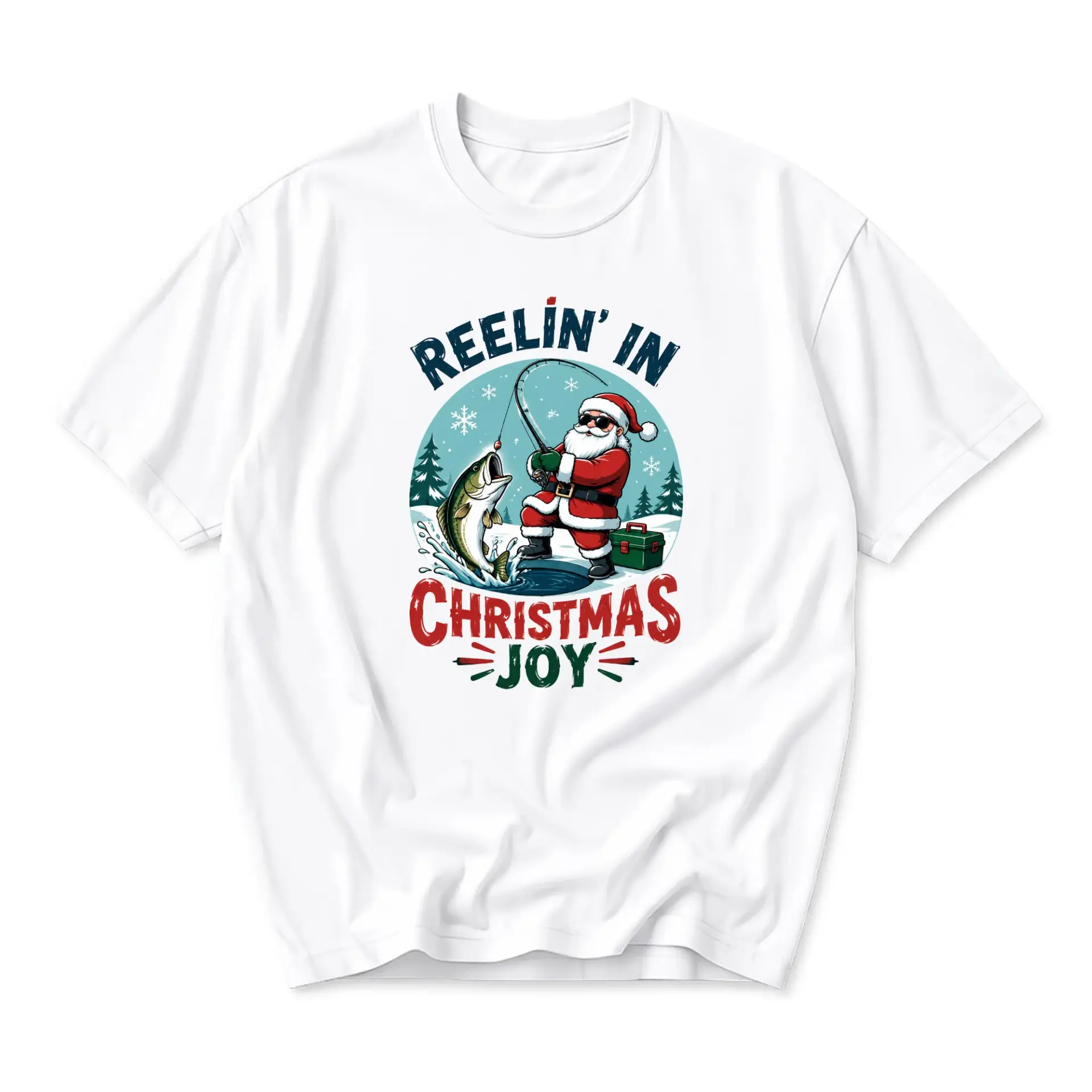 Funny Shirt Reelin in Christmas Joy Fishing Santa Graphic Tee Holiday Sport