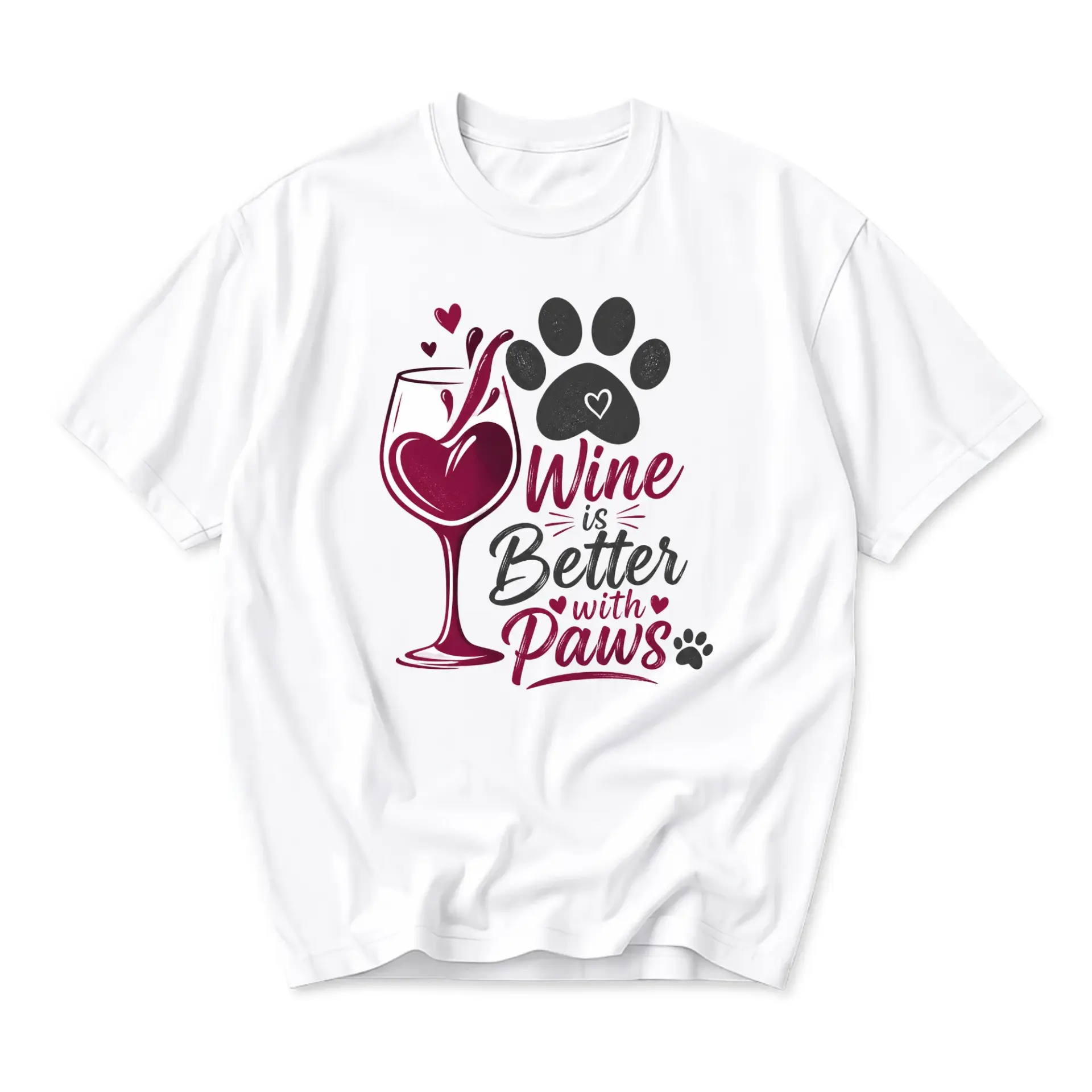 Funny Shirt Wine Is Better with Paws Graphic Tee Unisex Casual Crew Neck