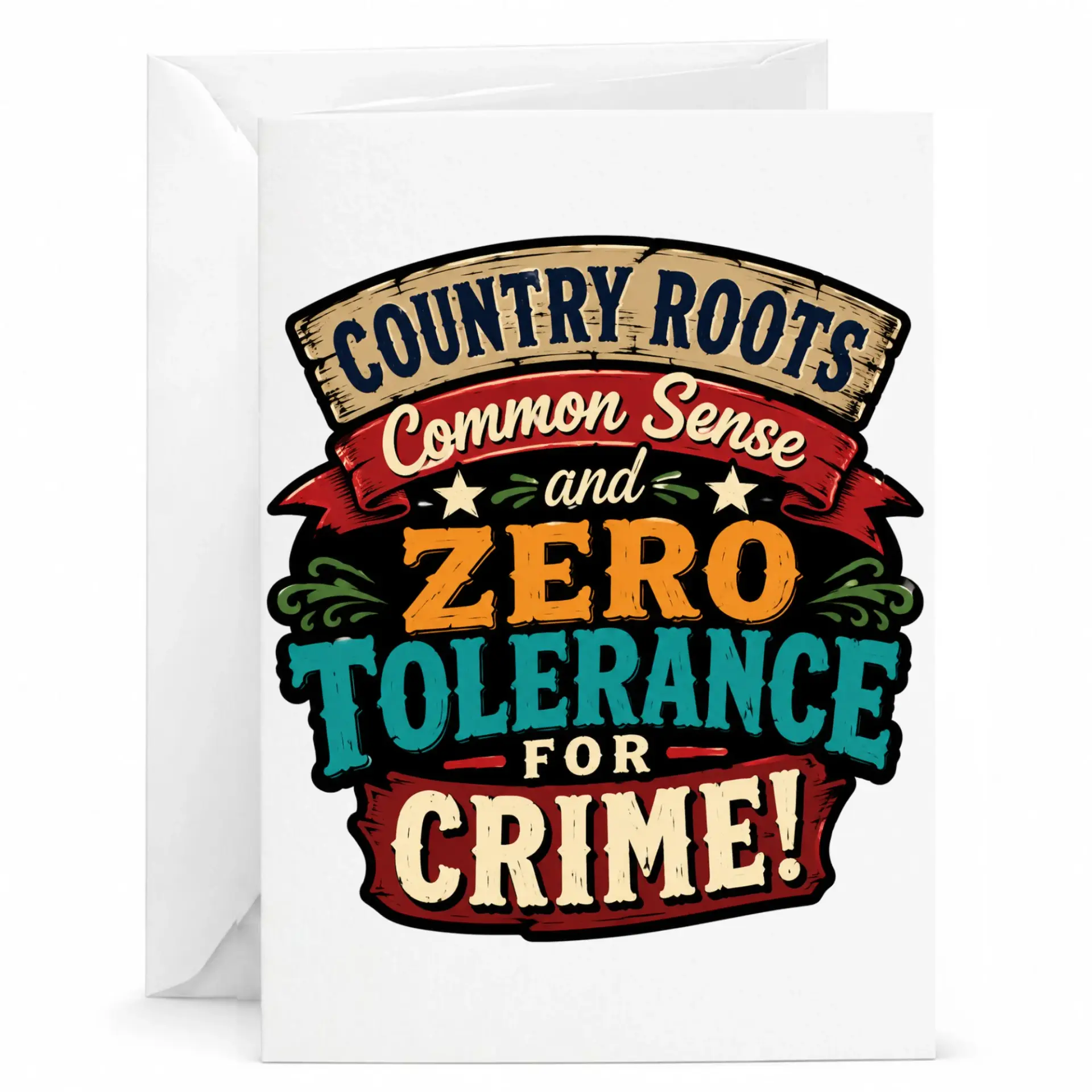 Funny Greeting Card Country Roots Common Sense and Zero Tolerance for Crime Graphic Note Card with Matching White Envelope