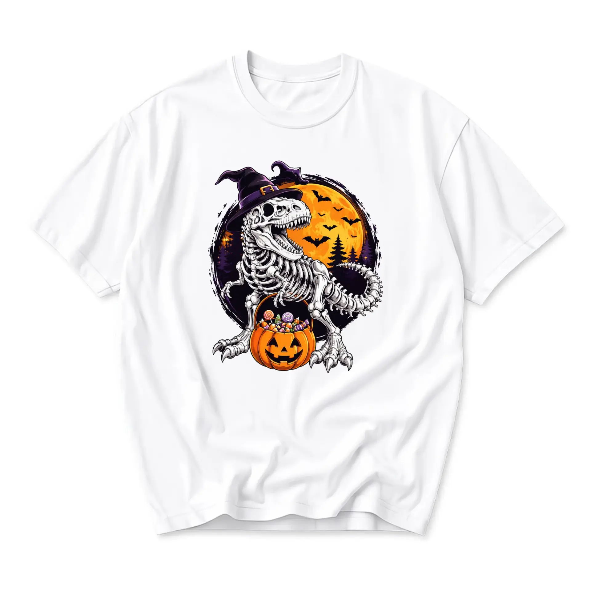 Graphic Tee Unisex T-Shirt Featuring Spooky Halloween Dinosaur Skeleton Wearing a Witch Hat with Trick or Treat Candy