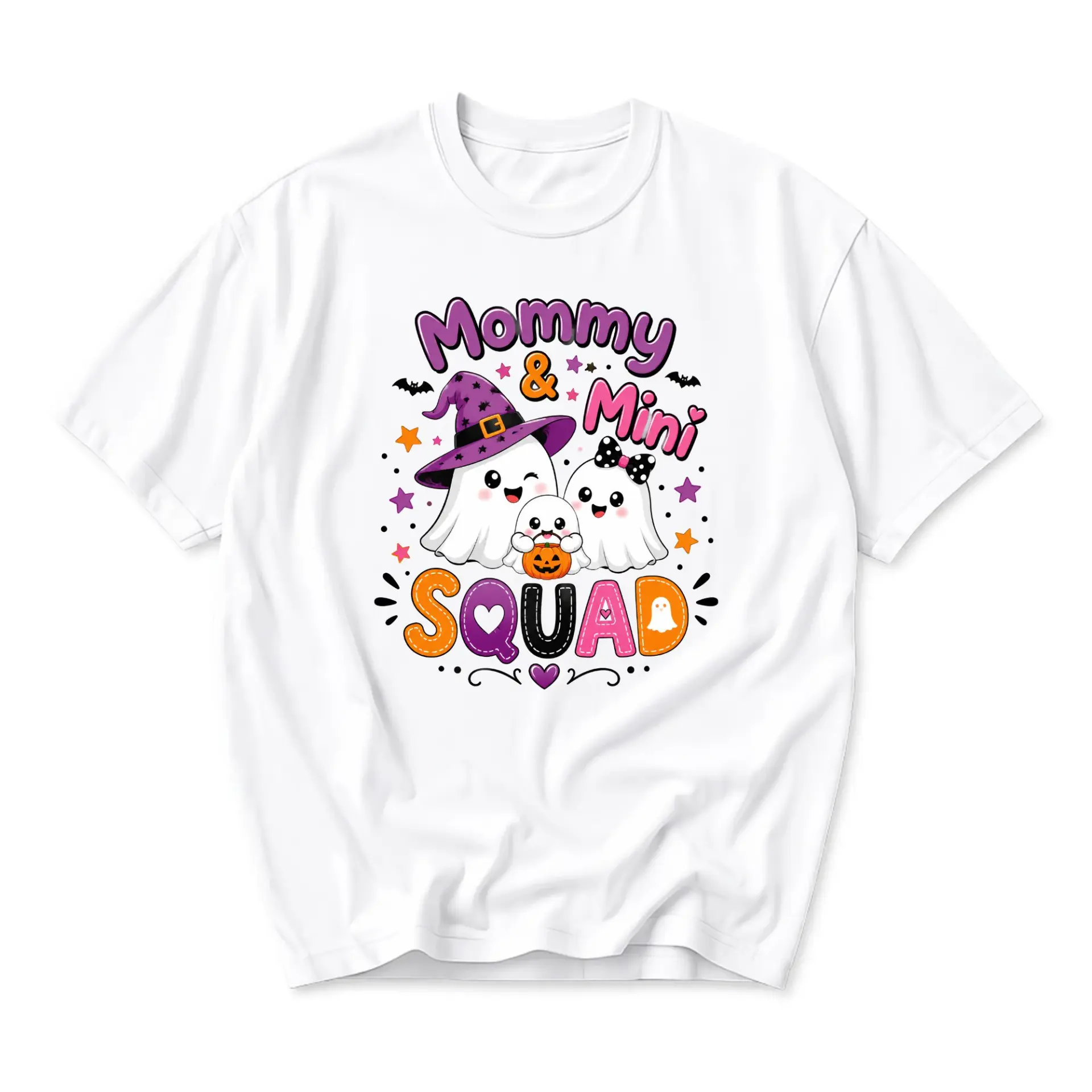 Funny Shirt Mommy and Mini Squad Halloween Ghost Graphic Tee Unisex Crew Neck Casual Cotton Blend Apparel White Top