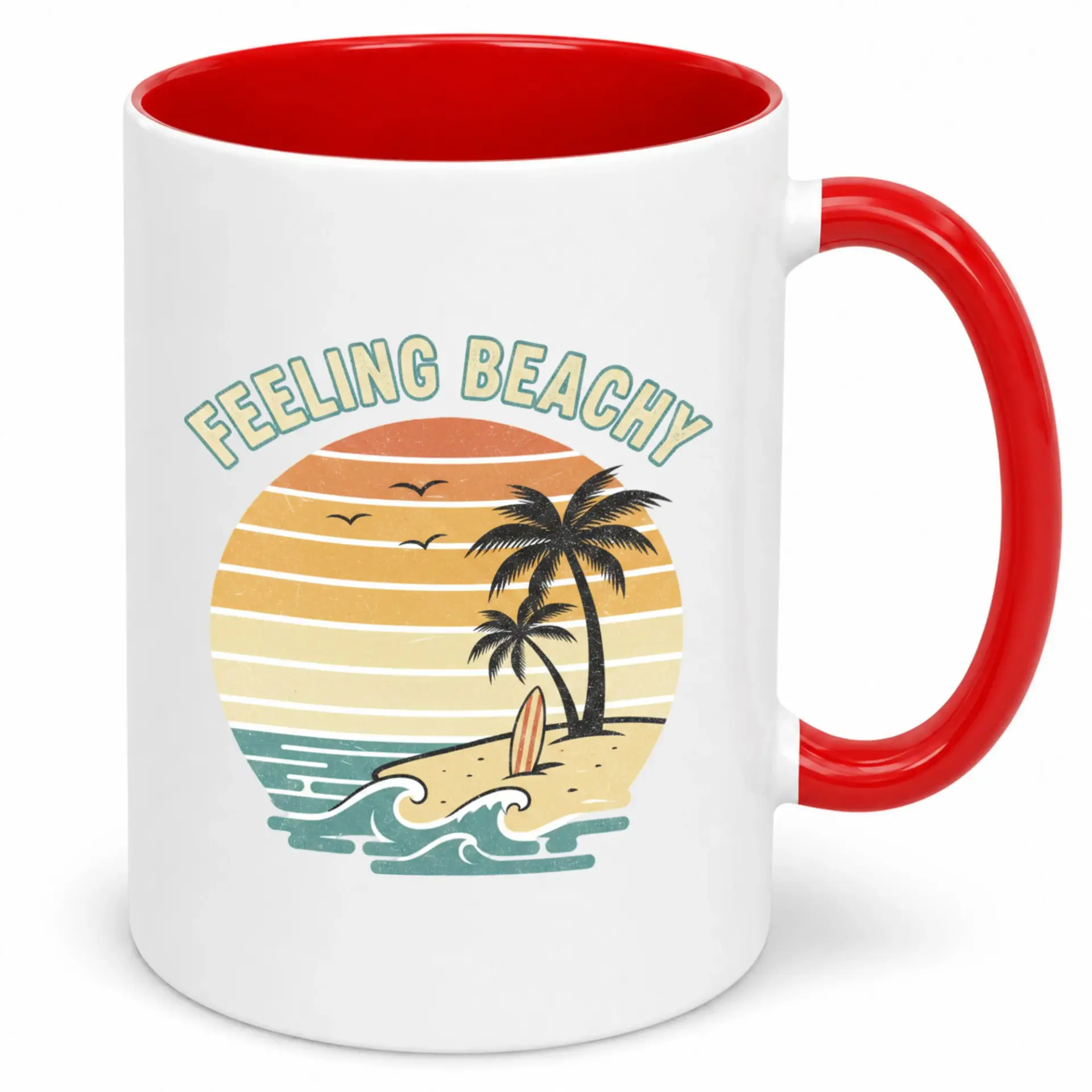 Funny Beachy Sunset Ceramic Coffee Mug with Palm Trees and Surfboard Design; Feeling Beachy Retro Ocean Vibe Drinkware for Summer Vacation Lovers
