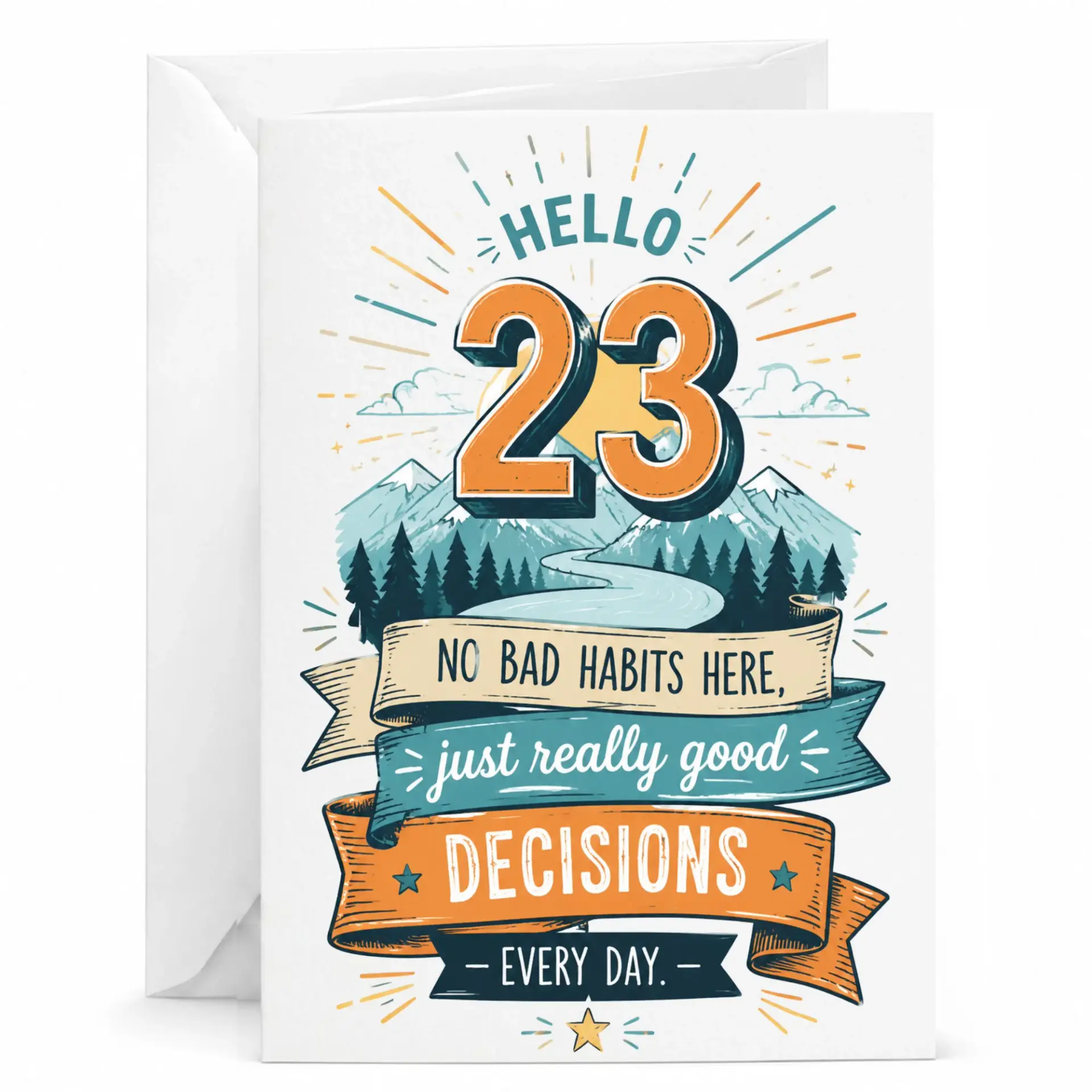 Funny Greeting Card for 23rd Birthday Celebration, Hello 23 Mountain Landscape Design with Humorous Message