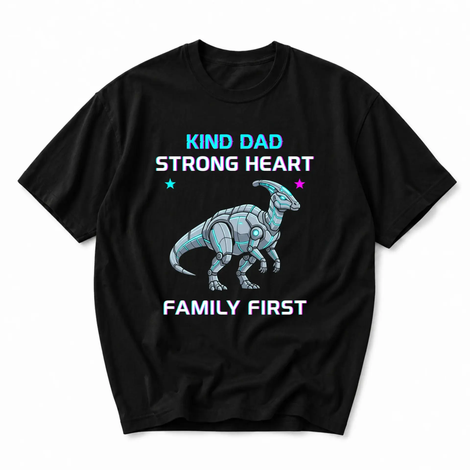 Graphic Tee Kind Dad Strong Heart Family First Robot Dinosaur Unisex Crew Neck Shirt for Men Casual Everyday Wear