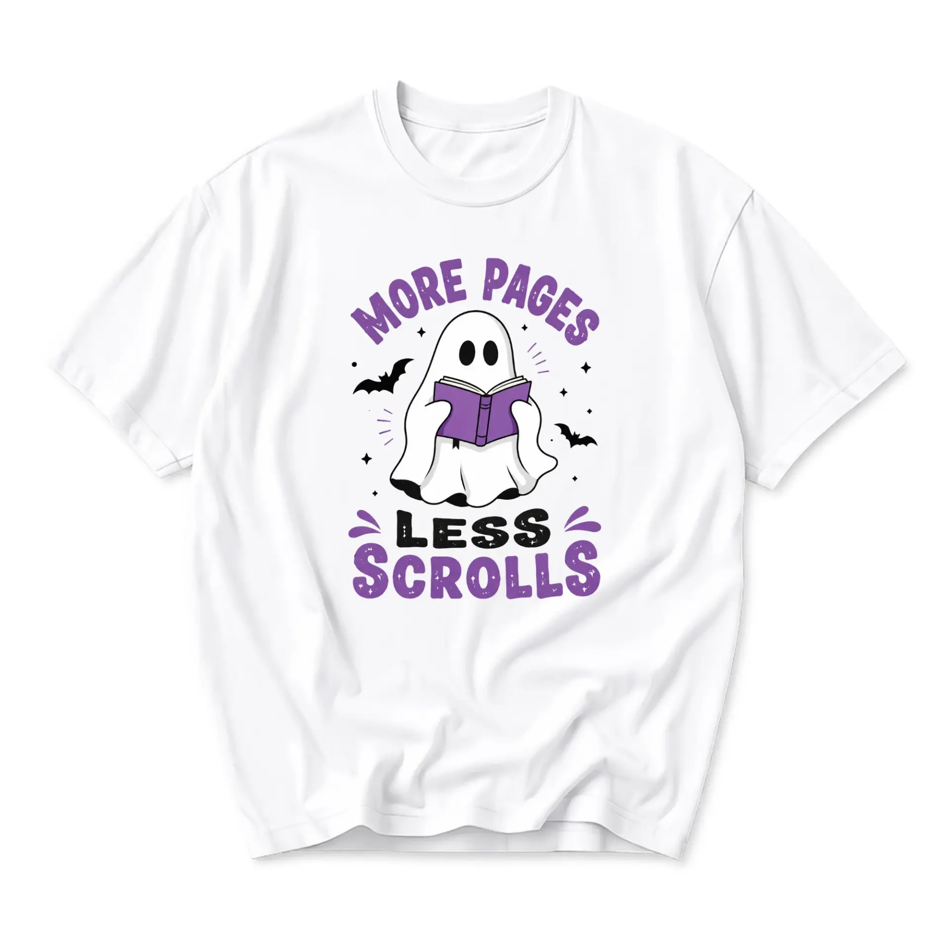 Funny Shirt More Pages Less Scrolls Reading Bookworm Ghost Graphic Tee Casual Unisex Crew Neck Print Top for Book Lovers