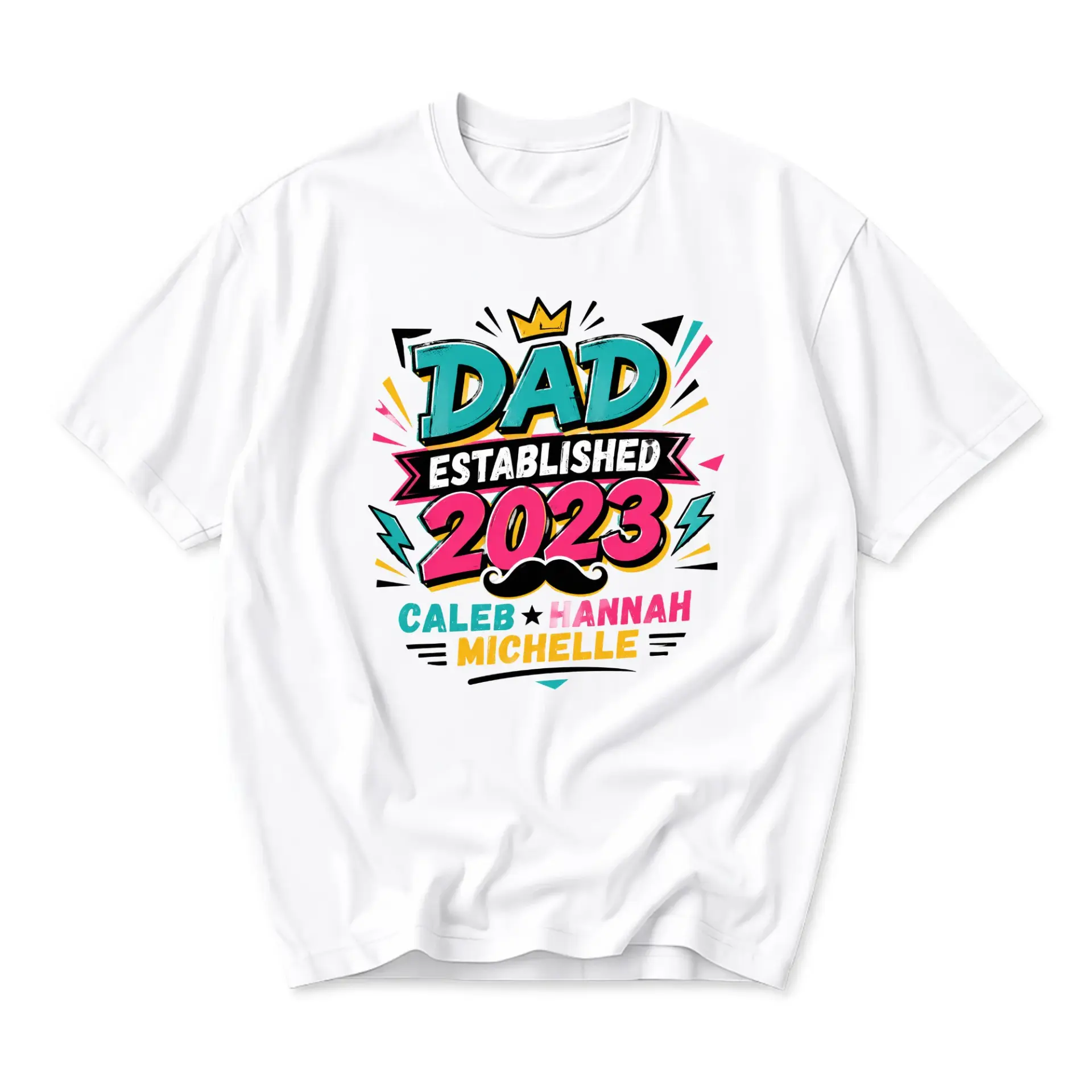 Graphic Tee Dad Established 2023 Personalized Names Shirt for Men Unisex Crew Neck Casual Everyday Wear Apparel