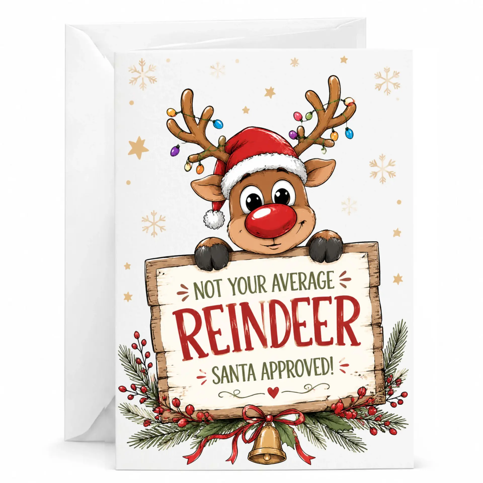 Funny Reindeer Christmas Greeting Card, Holiday Note Card with Envelope, Unique Seasonal Winter Celebration Stationery