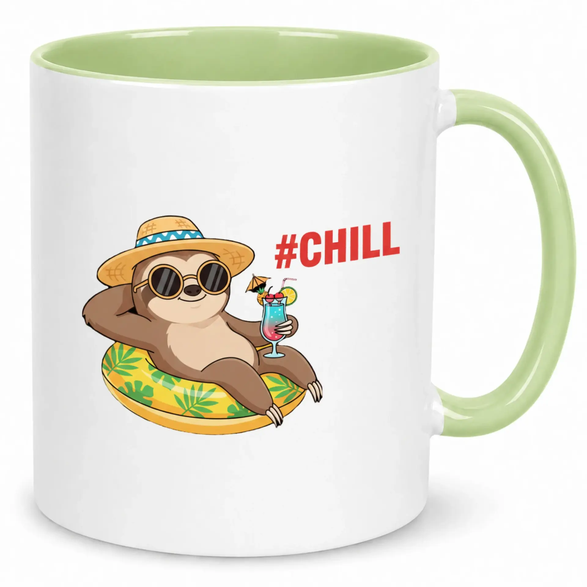 Funny Sloth Ceramic Coffee Mug with Tropical Relaxing Design, 11 Oz or 15 Oz White Mug with Green Handle for Drinks and Gifts
