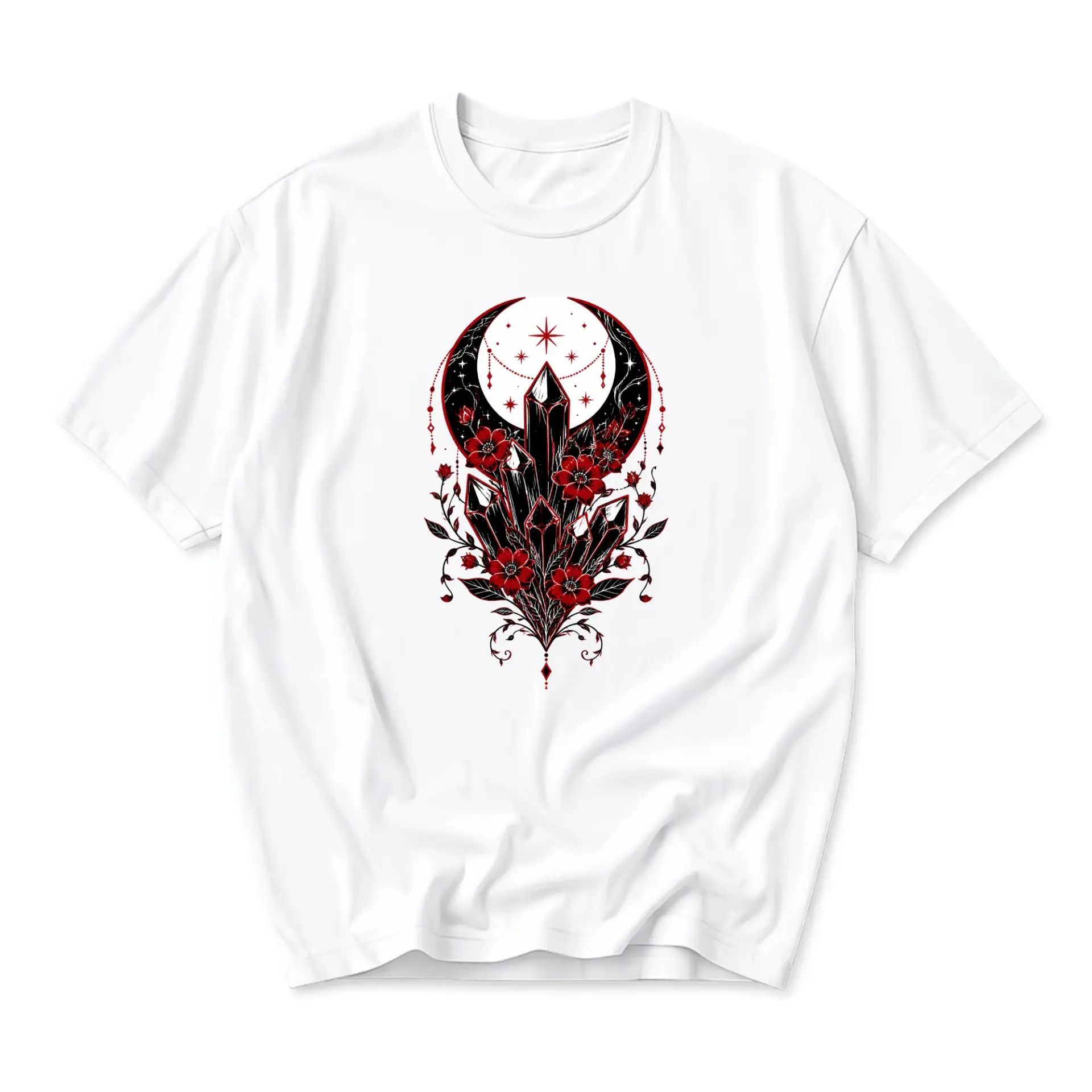 Graphic Tee Unisex Celestial Crystal Moon Flower Illustration Short Sleeve Casual Cotton Blend Crew Neck Shirt