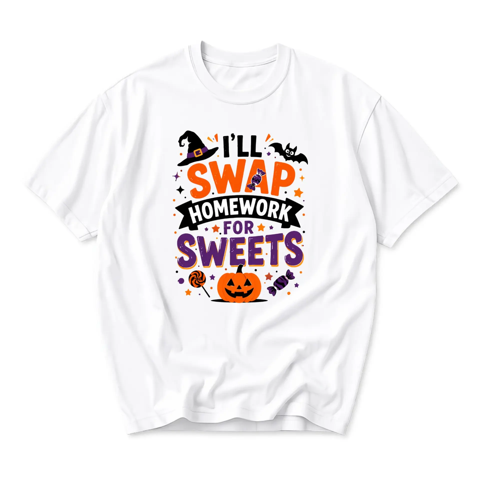 Funny Shirt I Will Swap Homework for Sweets Halloween Graphic Tee Unisex Casual Short Sleeve Crew Neck Cotton Top