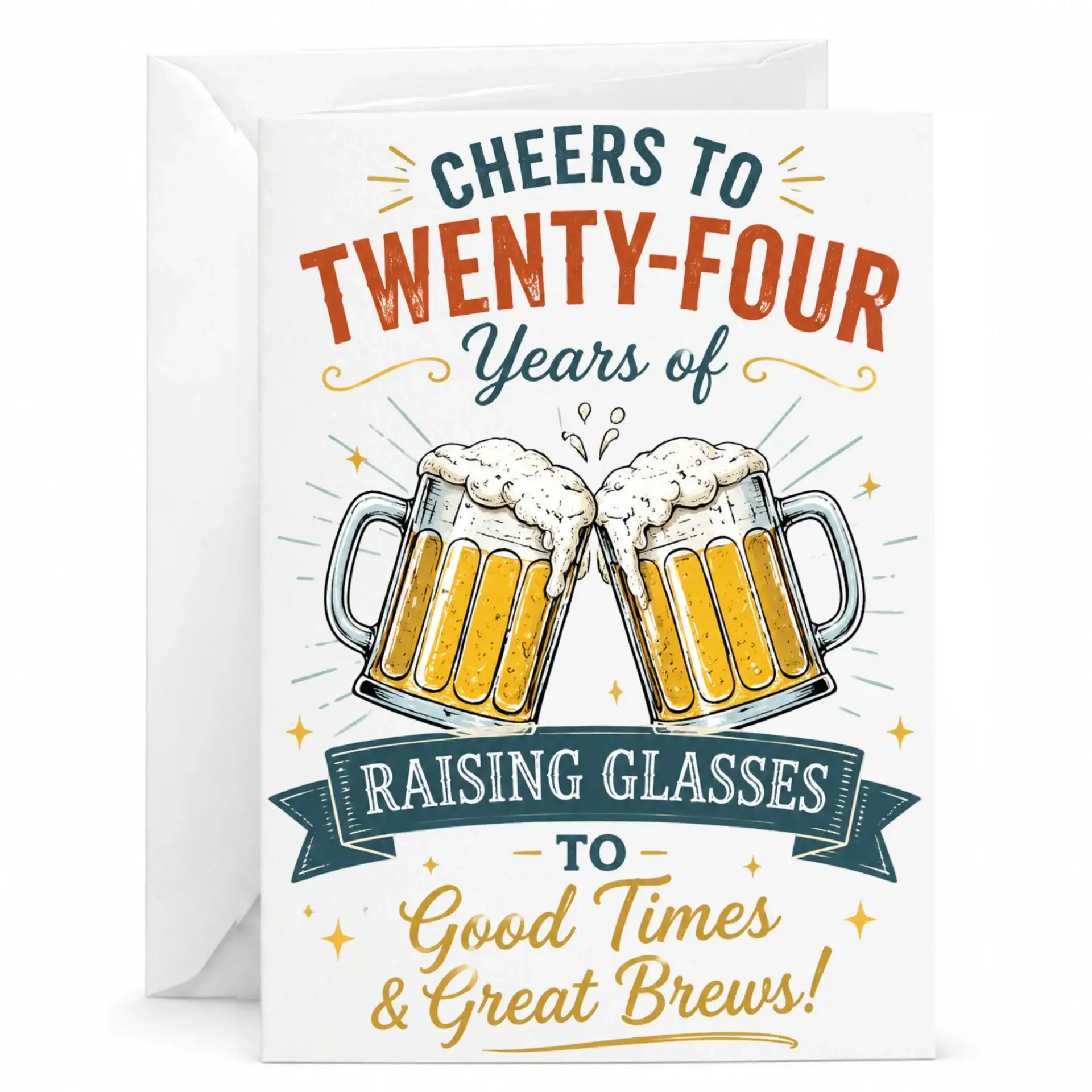 Birthday Card for Twenty-Fourth Birthday Cheers to Twenty-Four Years Funny Beer Themed Greeting Card with White Envelope