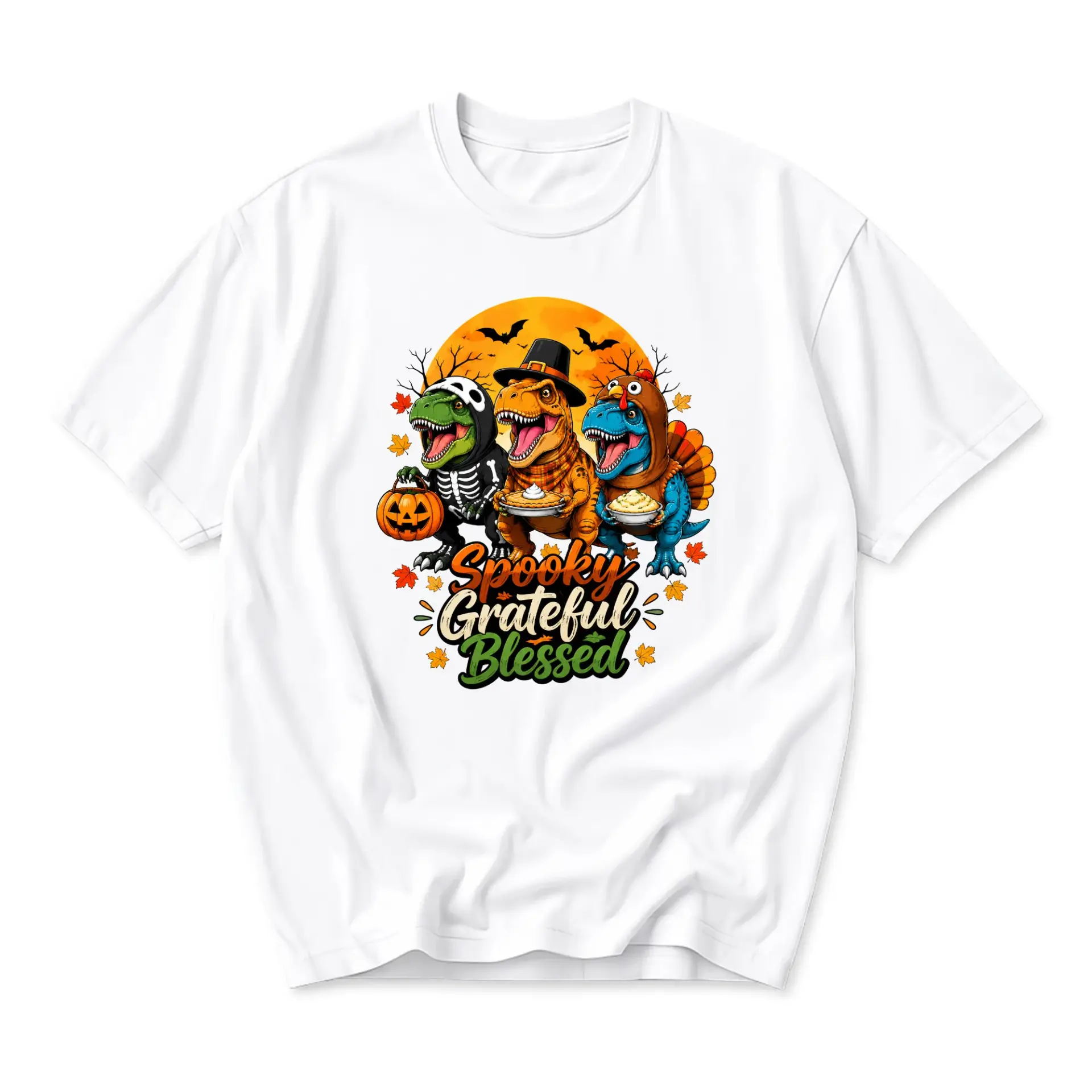 Funny Shirt Spooky Grateful Blessed Dinosaur T-Shirt Unisex Crew Neck Fall Holiday Graphic Tee Casual Cotton Top