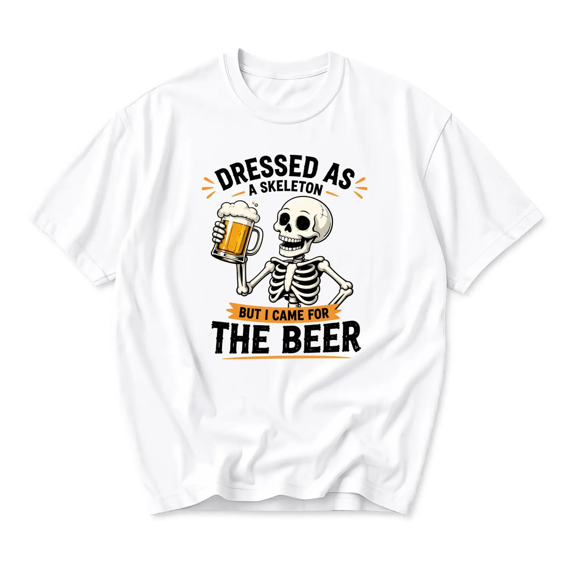 Funny Shirt Dressed as a Skeleton but I Came for the Beer Graphic Tee Unisex Crew Neck Casual Cotton Blend Apparel