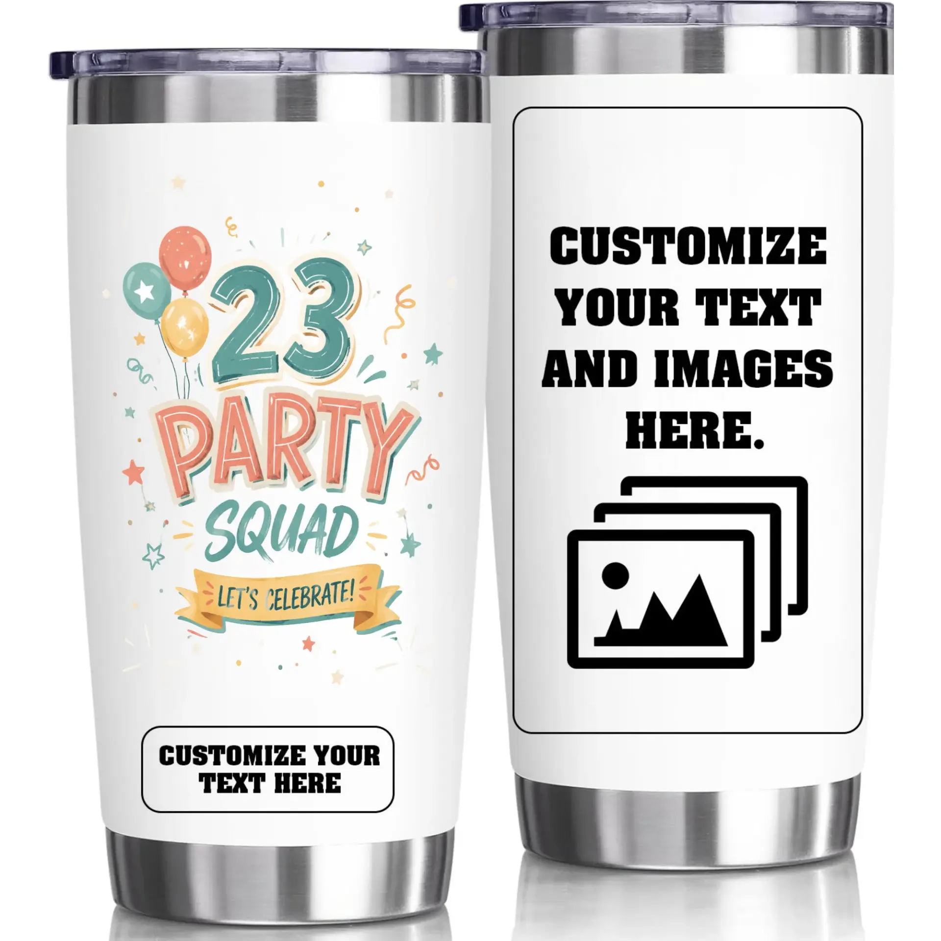 Stainless Steel Tumbler 20oz Party Squad Birthday Travel Mug Insulated Cup for Hot and Cold Beverages Custom Decor