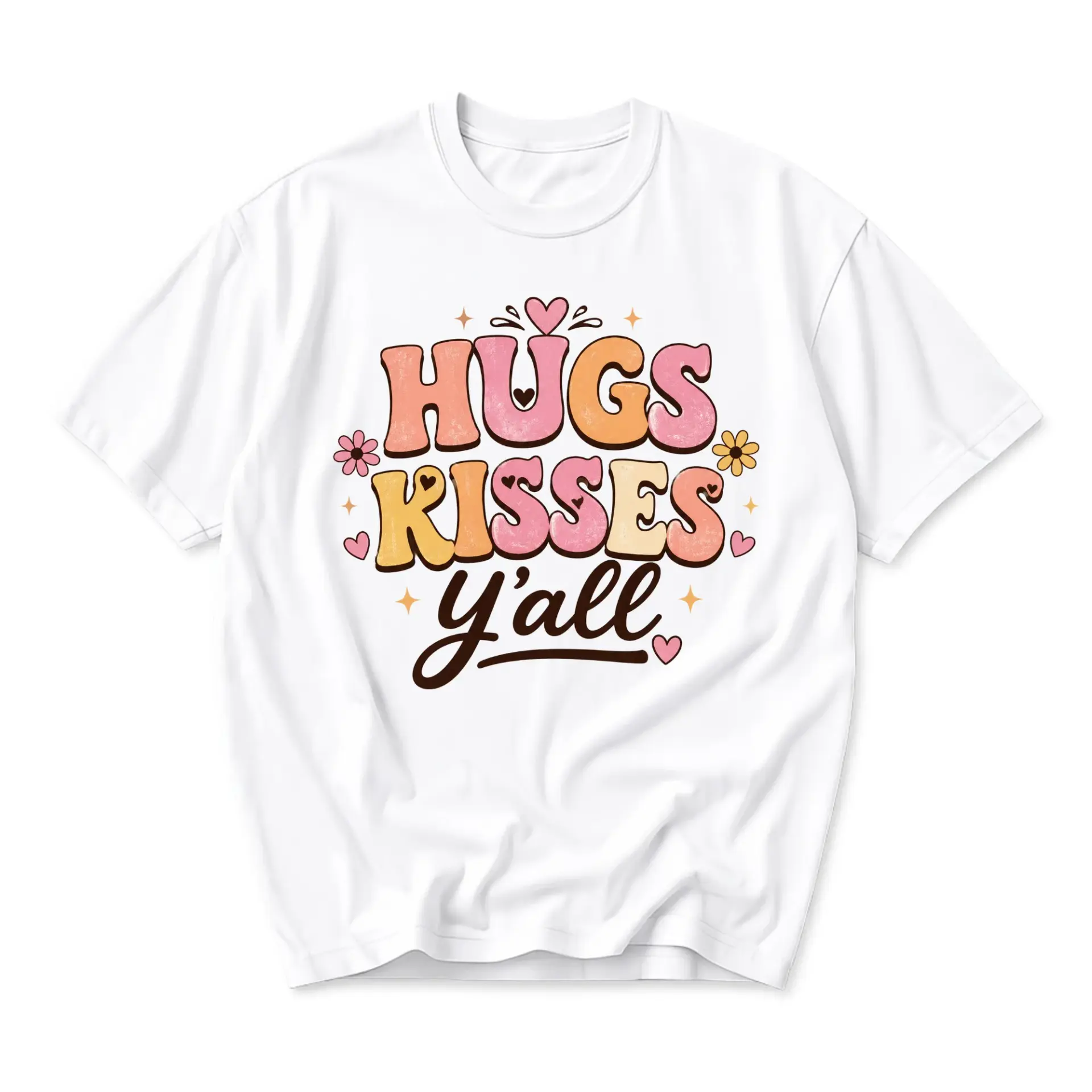 Graphic Tee Hugs Kisses Y'all Retro Aesthetic Unisex Crew Neck Shirt Casual Short Sleeve Summer Top Apparel White