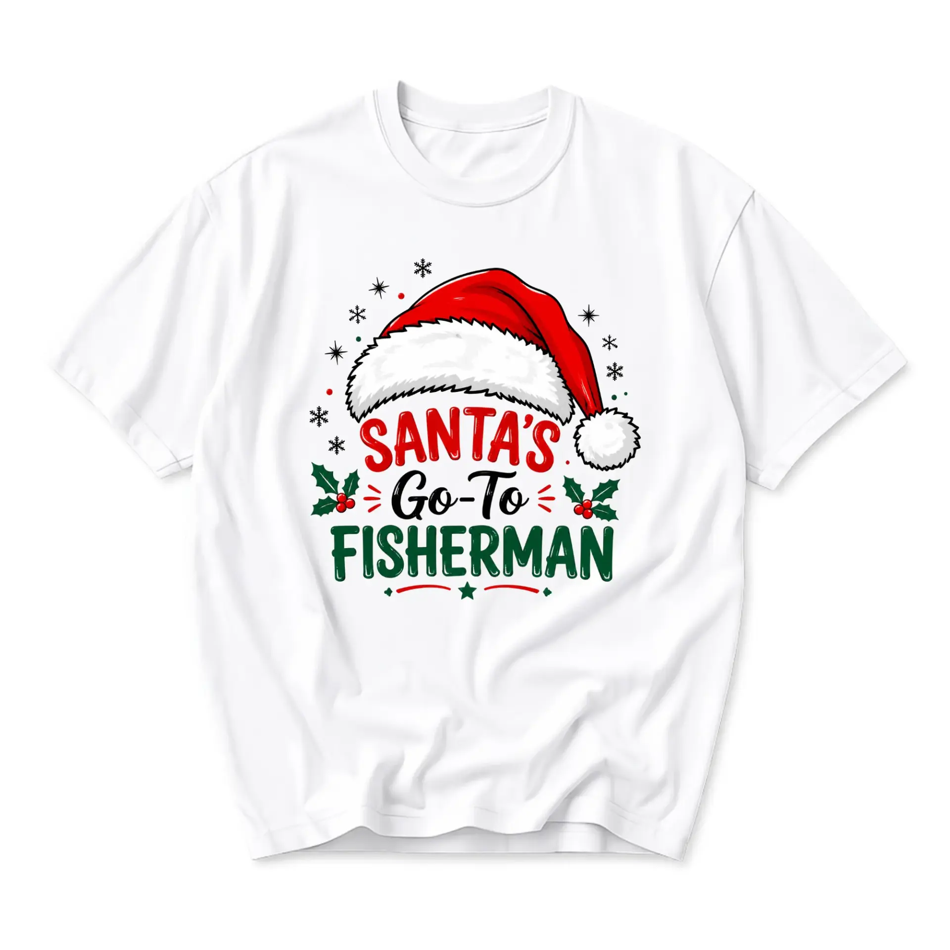 Graphic Tee Santa's Go-To Fisherman Christmas Holiday Seasonal Unisex Crew Neck Short Sleeve Cotton Apparel White