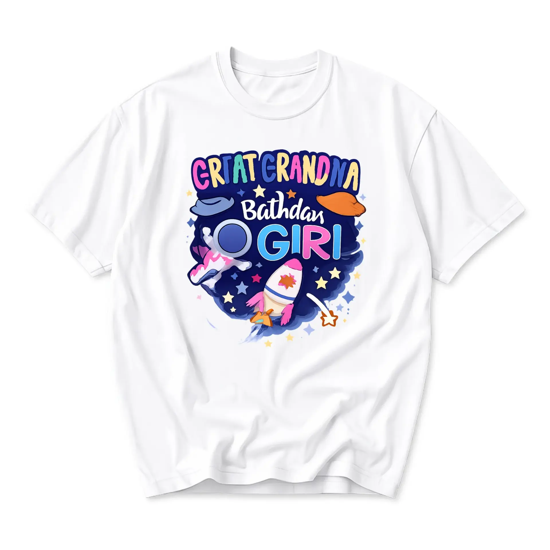Graphic Tee Great Grandma Bathday Girl Space Theme Astronaut Unisex Crew Neck Casual Everyday Shirt