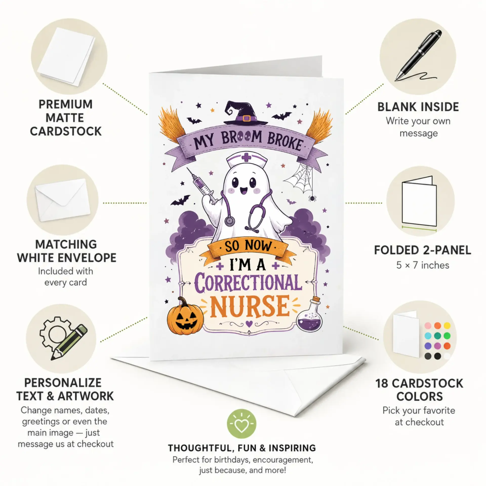 Funny Nursing Greeting Card for Halloween, Cute Ghost Nurse Illustration with Broomstick and Pumpkin Theme