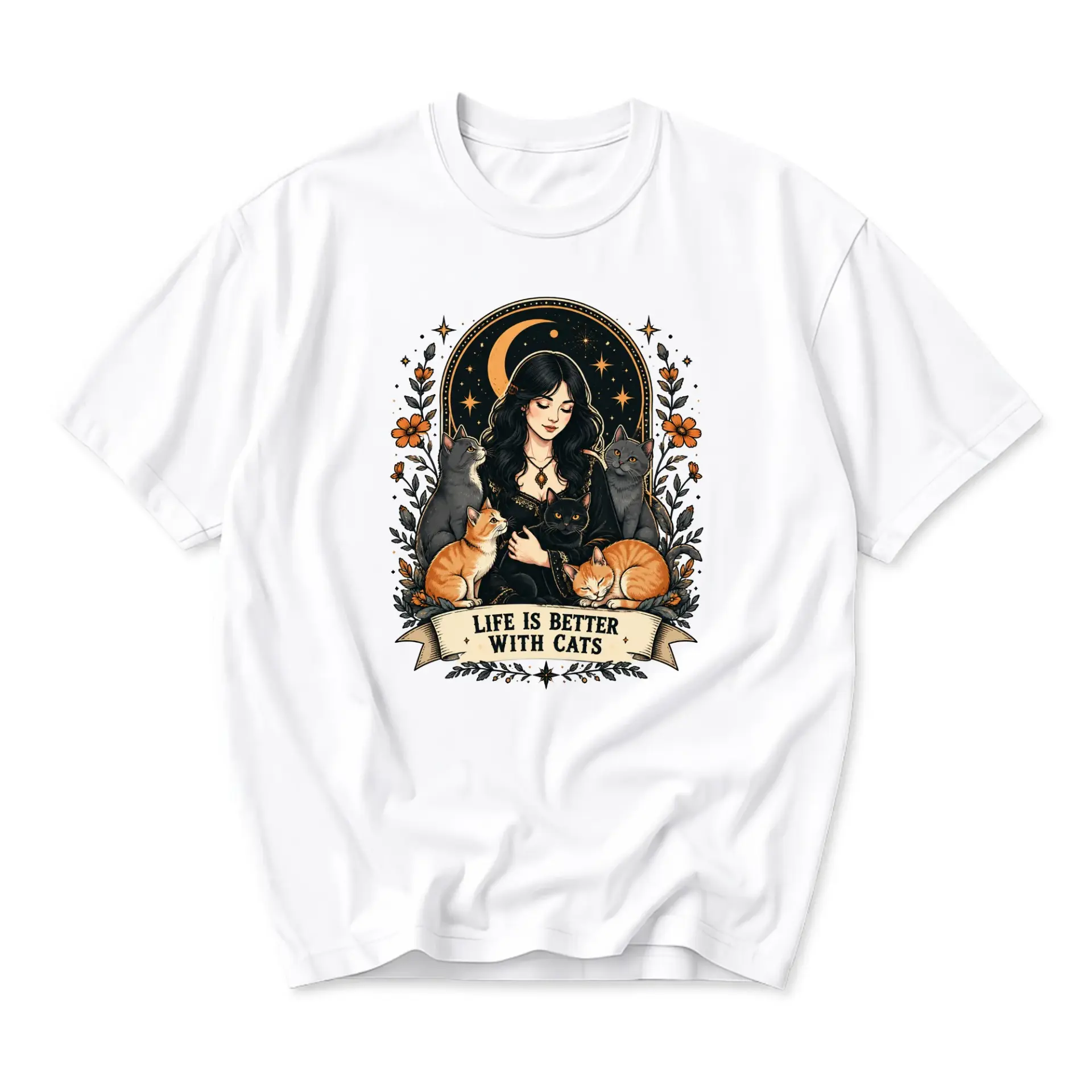 Graphic Tee Life Is Better with Cats Shirt Celestial Style Woman Surrounded by Feline Friends Unisex Cotton Crew Neck