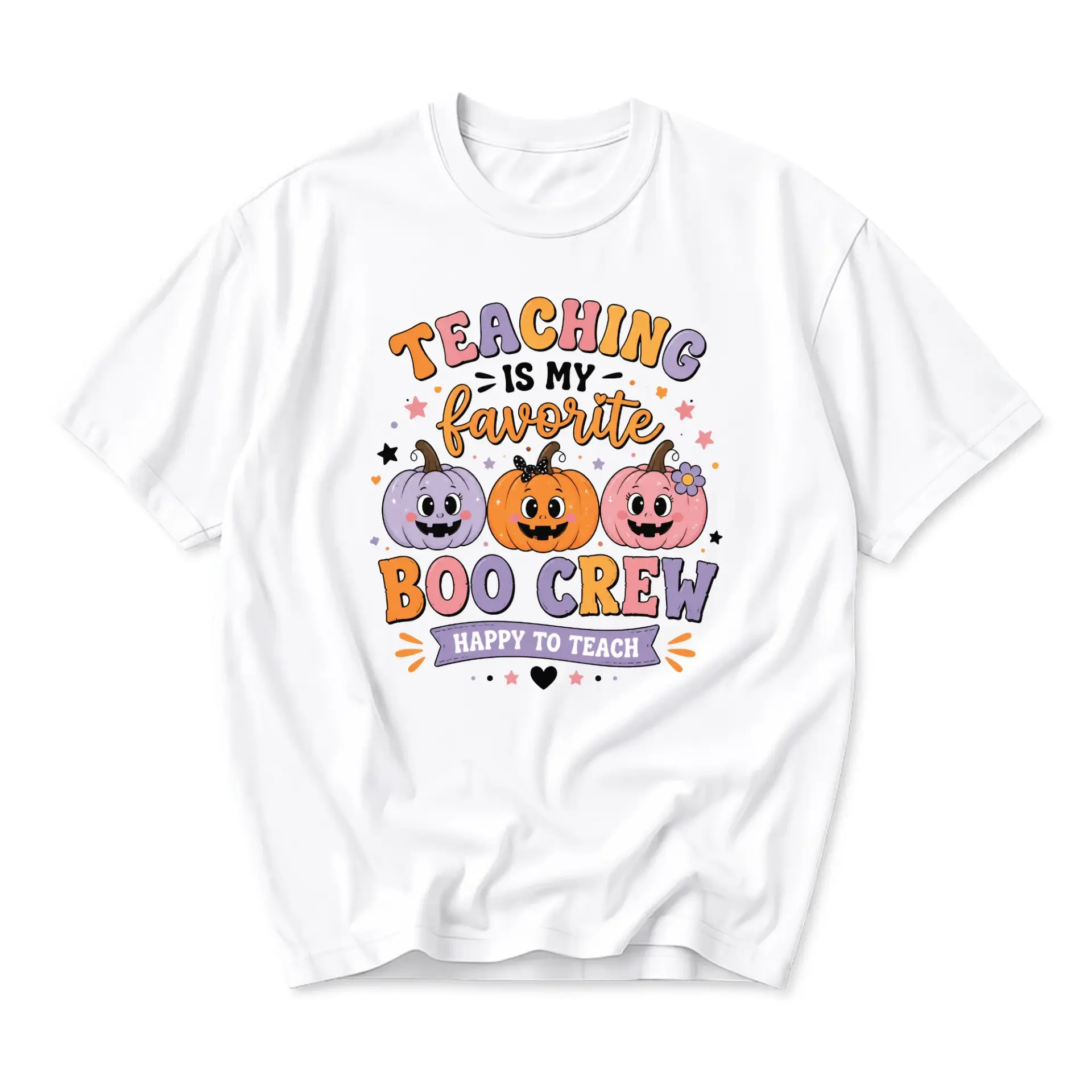 Funny Shirt Teaching Is My Favorite Boo Crew Retro Pumpkin Graphic Unisex Casual Short Sleeve Crew Neck T-Shirt White
