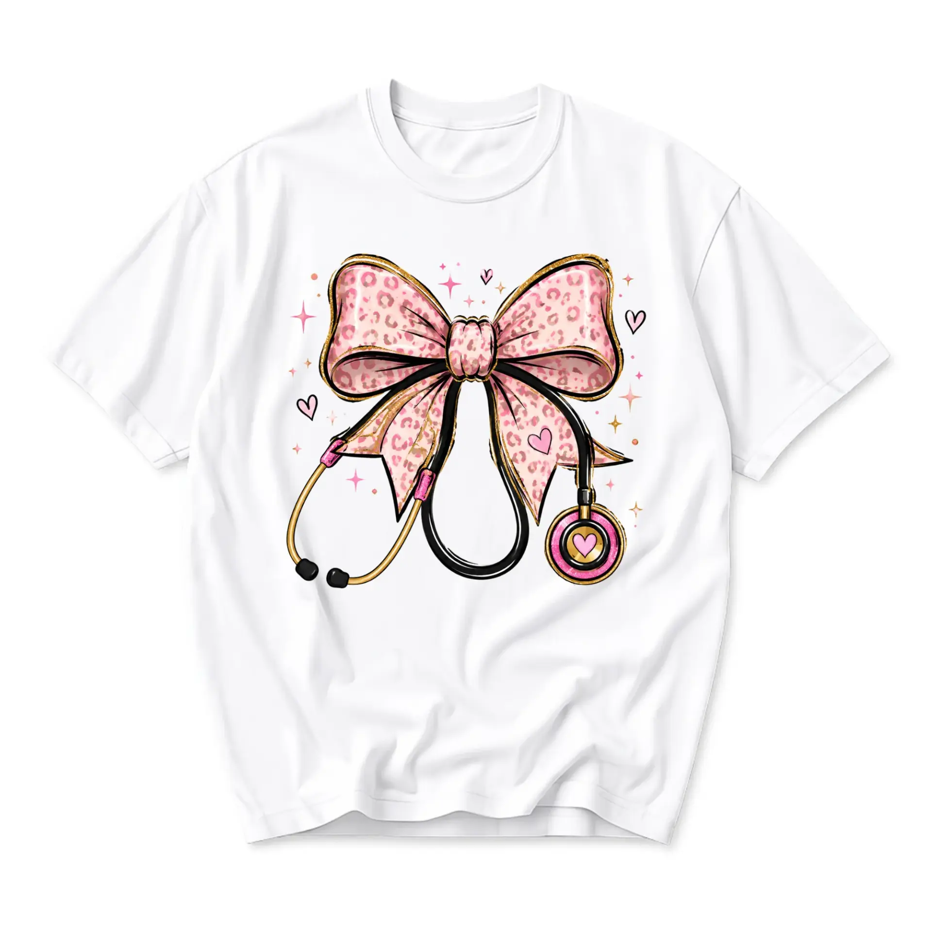 Graphic Tee Pink Leopard Bow Stethoscope Medical Professional Casual Unisex Crew Neck Short Sleeve Shirt