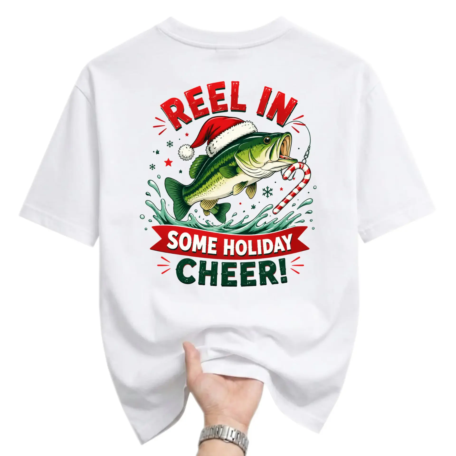 Funny Shirt Reel in Some Holiday Cheer Graphic Tee Christmas Fishing Lover Gift Unisex Crew Neck Casual Cotton Top