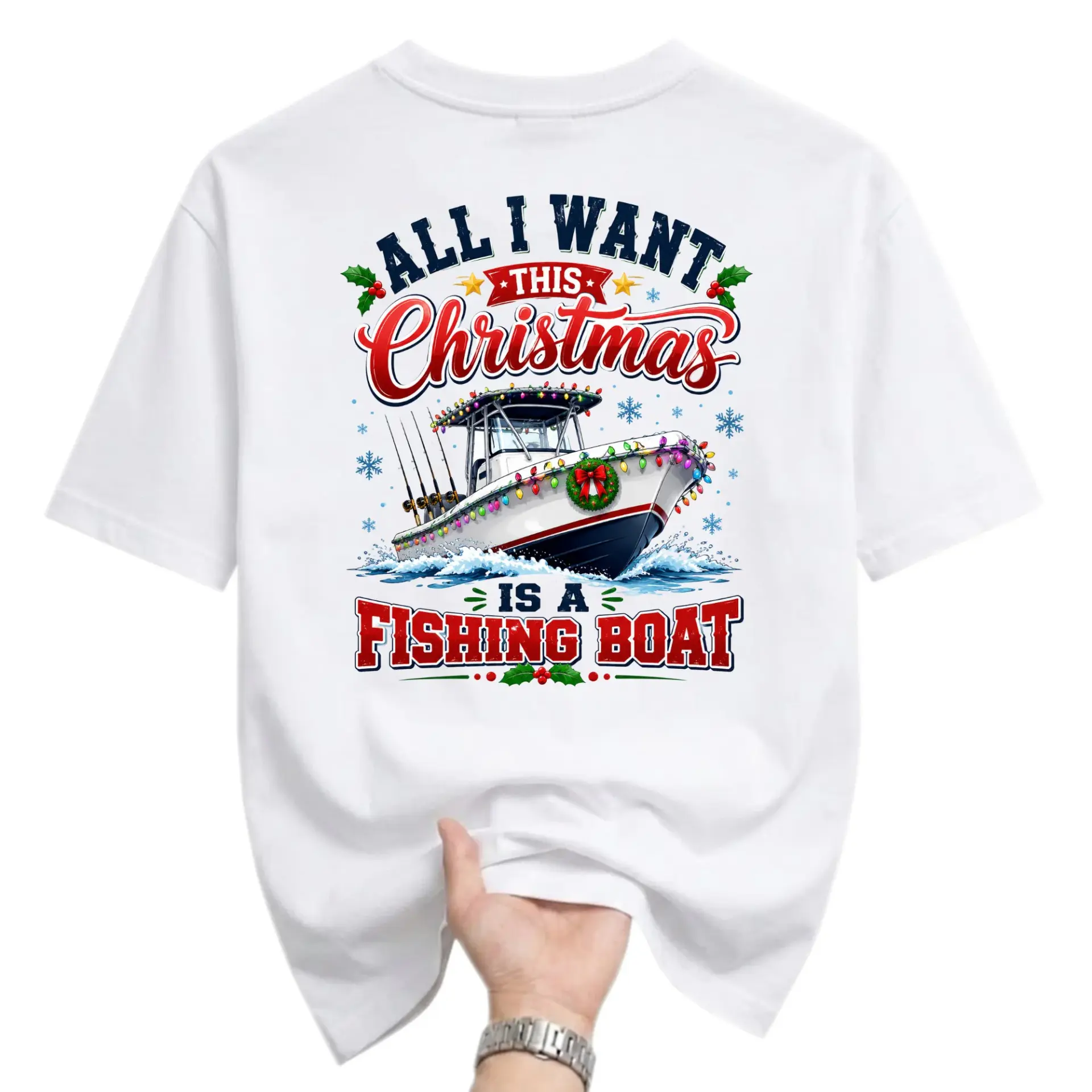 Funny Shirt All I Want This Christmas Is a Fishing Boat Graphic Tee Unisex Crew Neck Casual Holiday Apparel
