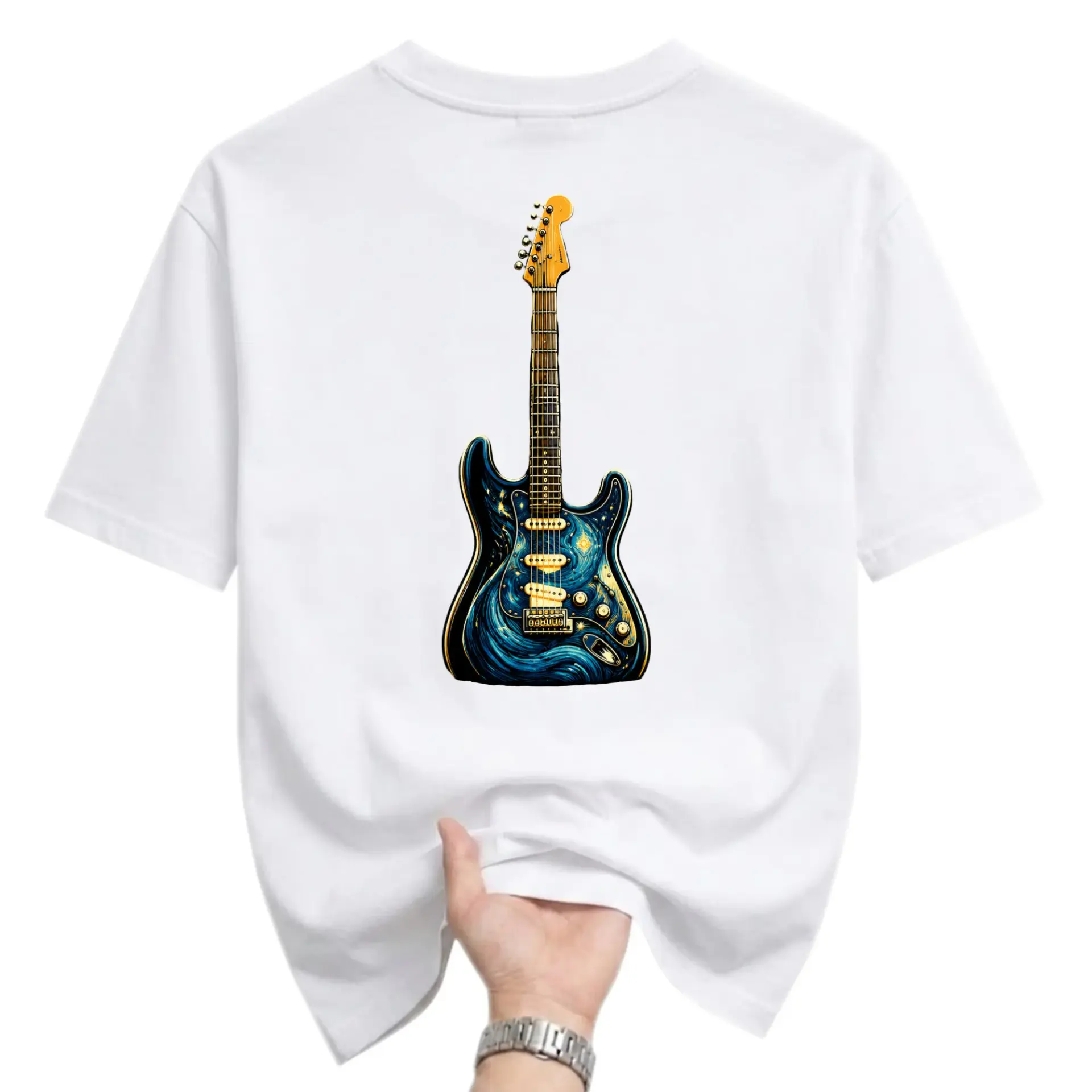 Graphic Tee Unisex Crew Neck T-Shirt Featuring an Artistic Guitar Design with Swirling Night Sky Pattern