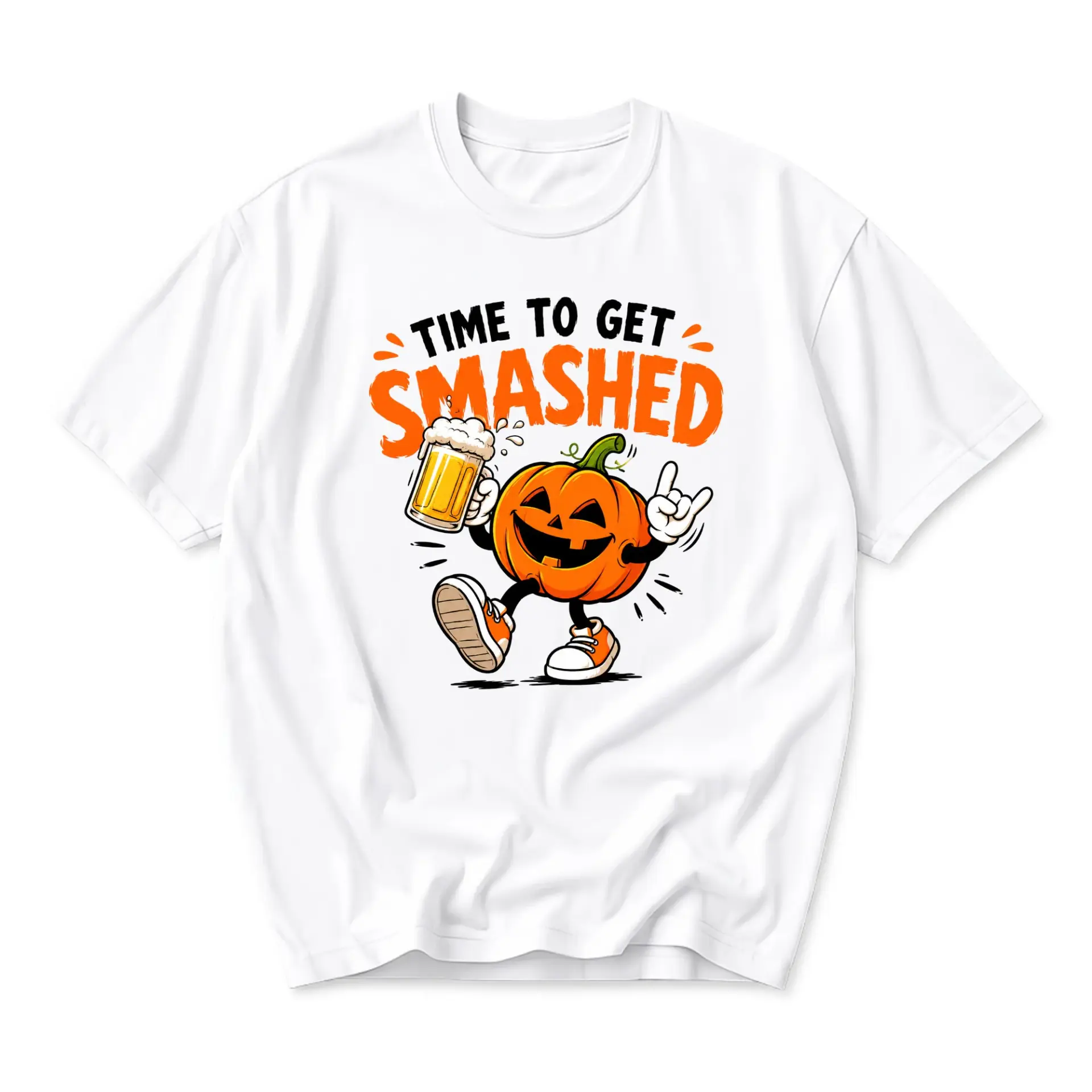 Funny Shirt Unisex Graphic Tee Time to Get Smashed Pumpkin Beer Cartoon Halloween Casual Crew Neck Short Sleeve Top