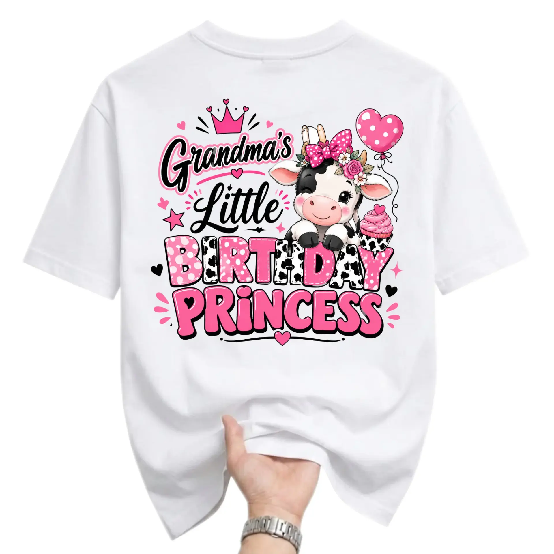Graphic Tee Grandma's Little Birthday Princess Cow Floral Design Unisex Crew Neck Everyday Casual Short Sleeve Shirt