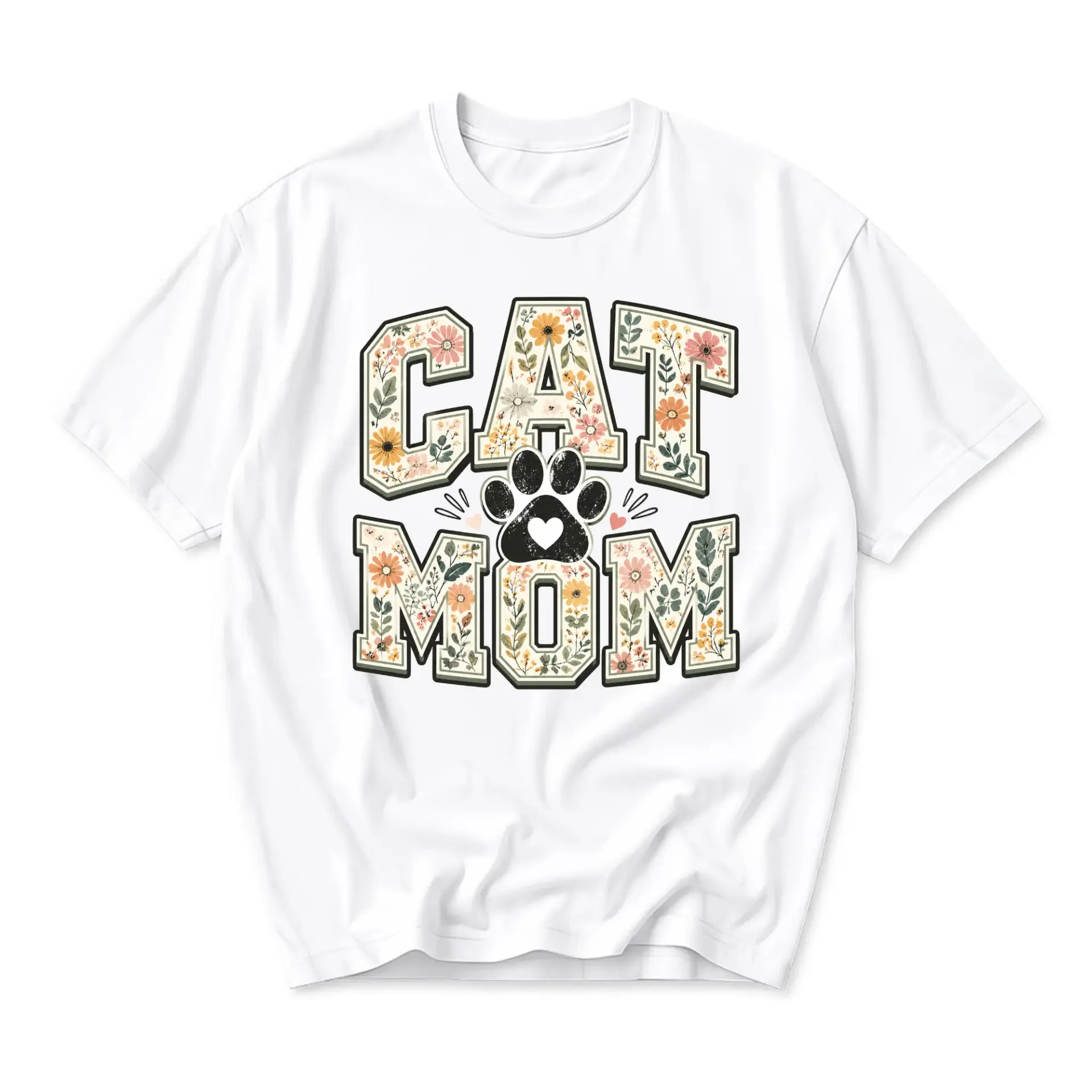 Graphic Tee Cat Mom Shirt Floral Lettering Casual Unisex Crew Neck Top for