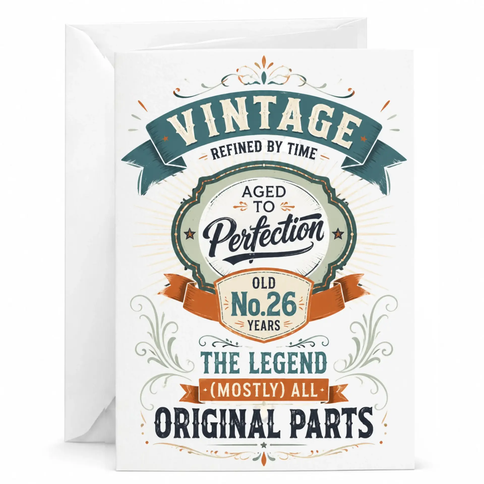 Greeting Card for 26th Birthday Aged to Perfection Vintage Design with Matching White Envelope 5x7 Inches Folded Card