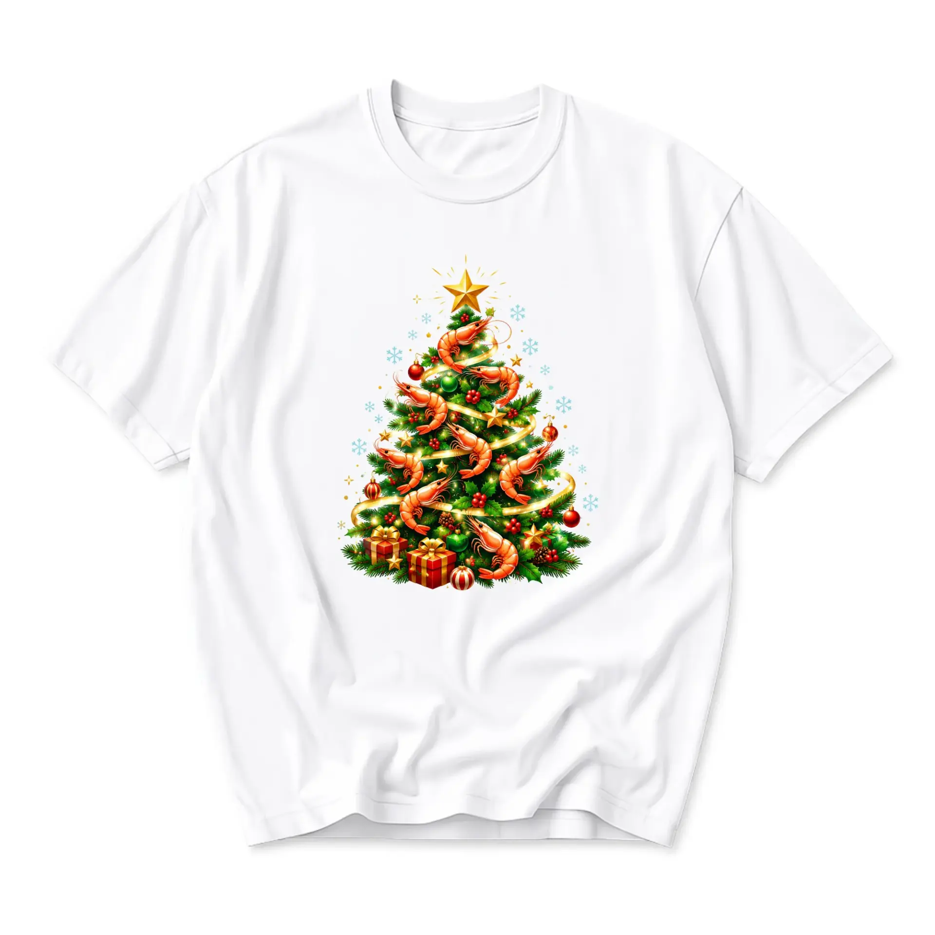 Graphic Tee Unisex Crew Neck Short Sleeve Shirt with Festive Christmas Tree and Shrimp Illustration Print Casual Wear
