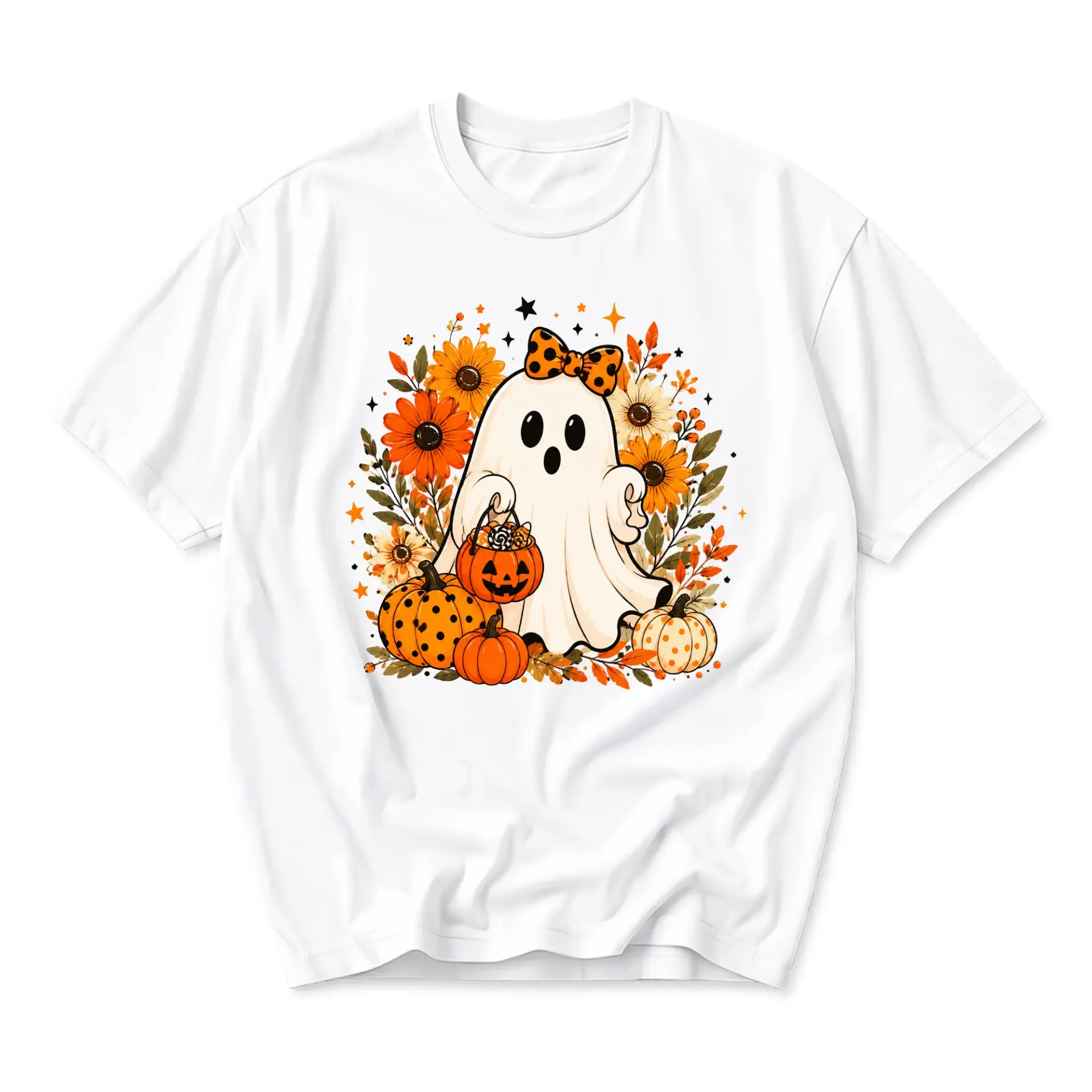 Graphic Tee Cute Ghost Wearing Polka Dot Bow Holding Pumpkin Bucket Surrounded by Fall Flowers and Pumpkins T-Shirt