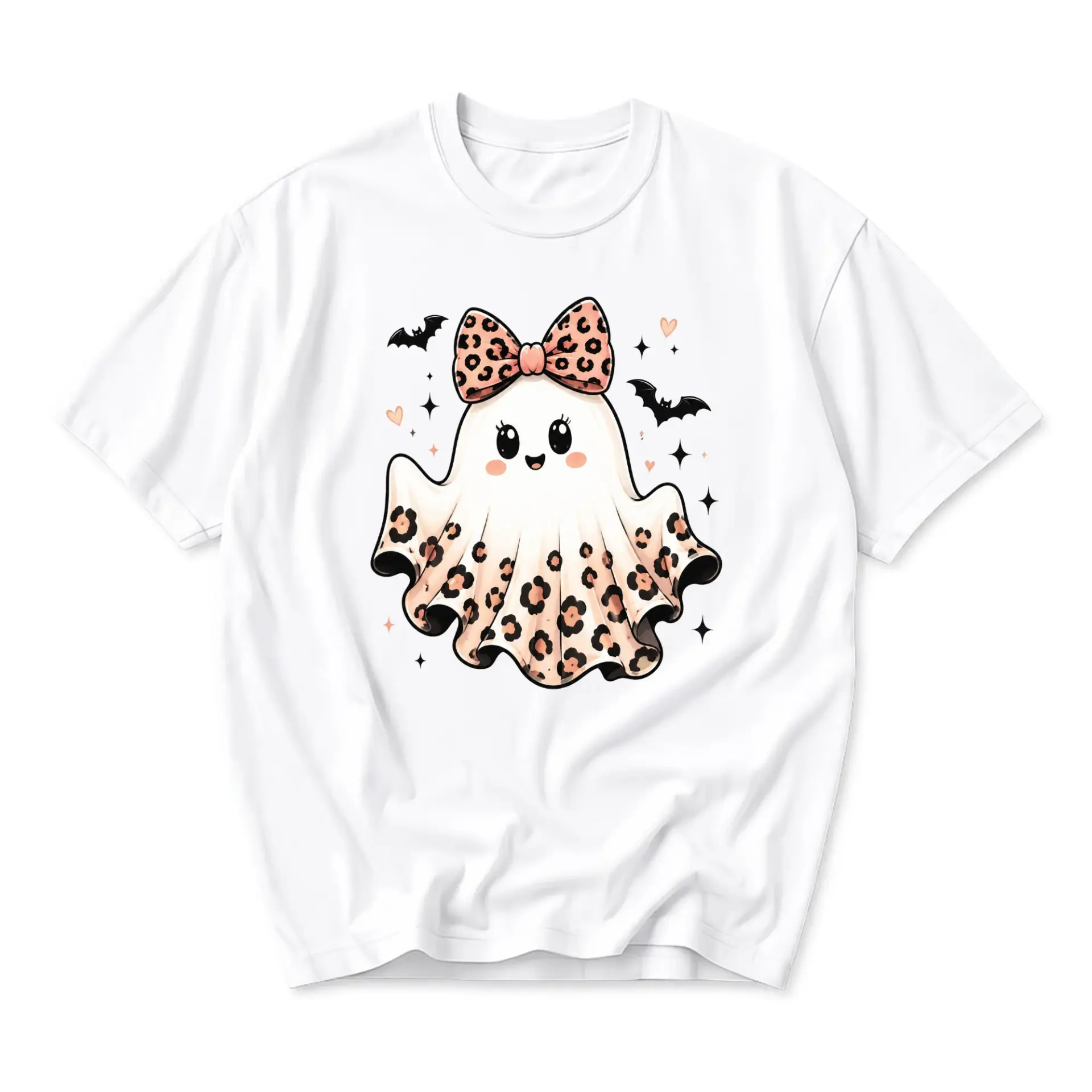 Graphic Tee Cute Leopard Print Ghost Wearing Bow Unisex Shirt Casual Everyday Apparel for Seasonal Festive Occasions