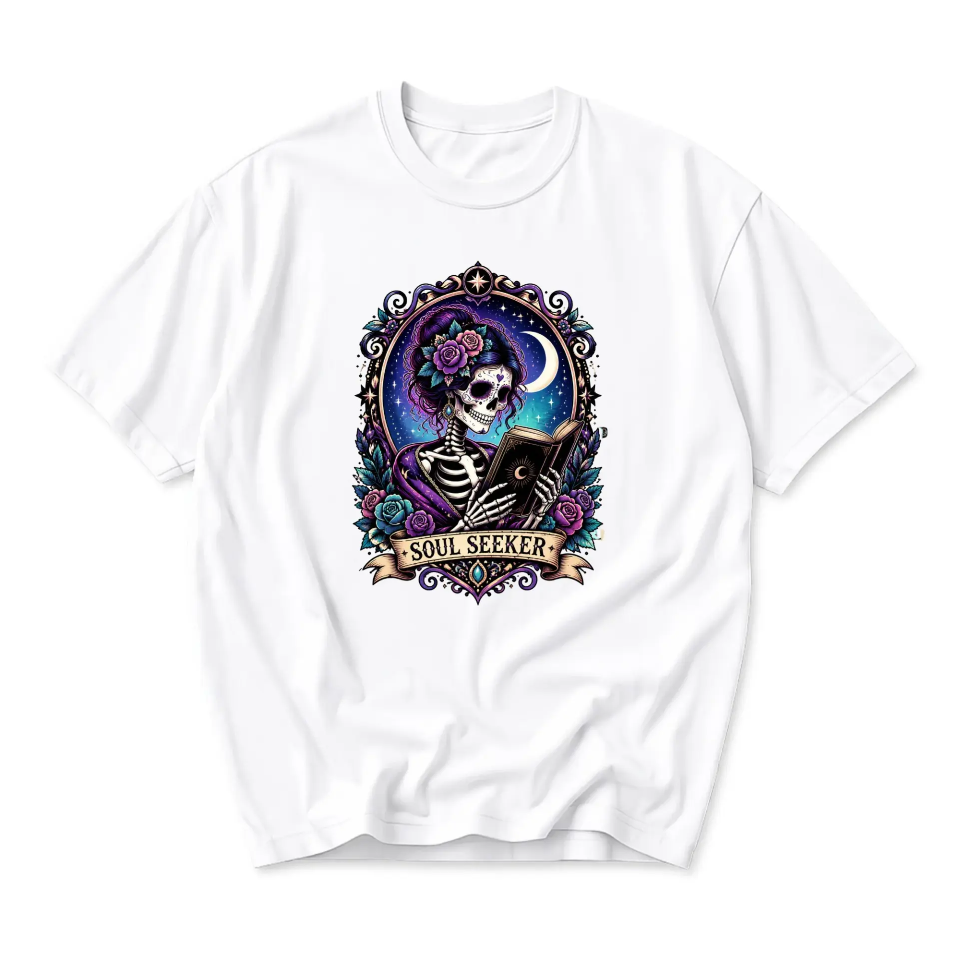 Graphic Tee Soul Seeker Skeleton Reading Book Floral Moon Artistic Illustration Unisex Crew Neck Casual Cotton Shirt