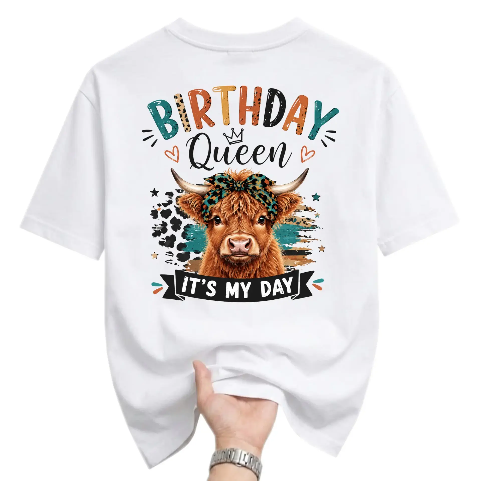 Birthday Queen Cow Graphic T-Shirt Unisex Crew Neck Casual Everyday Top for Celebration Enthusiasts