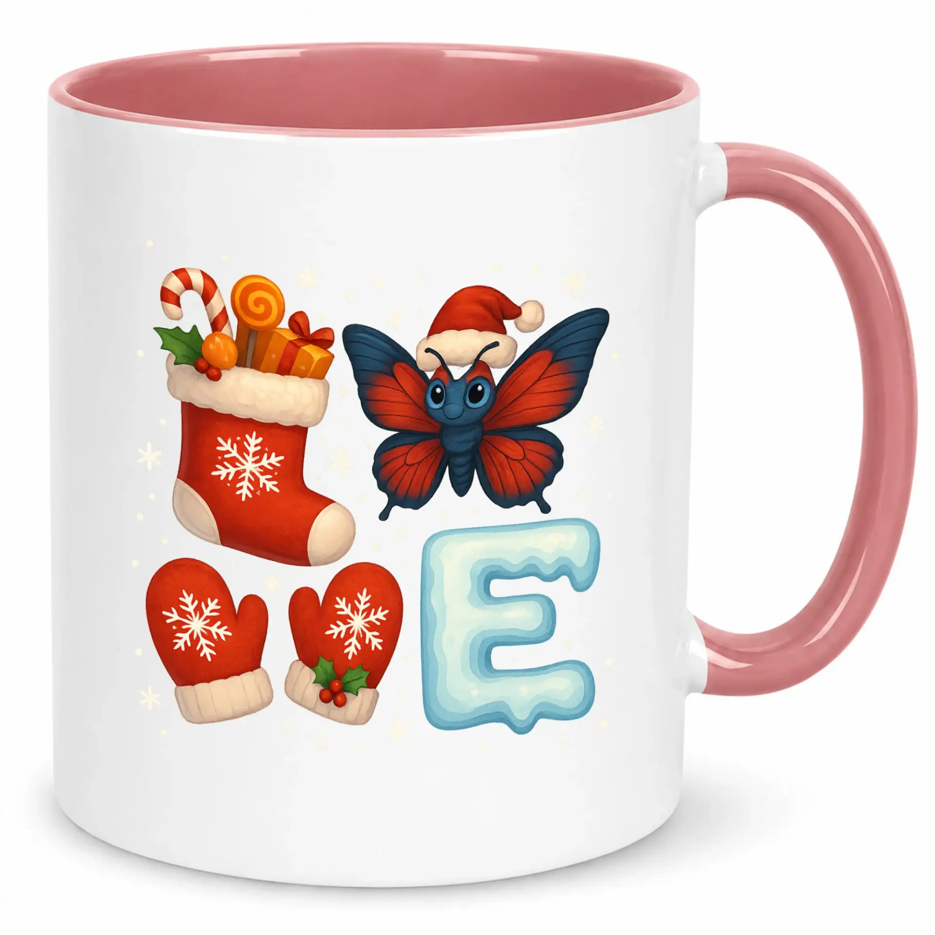 Festive Holiday Ceramic Coffee Mug, Winter Love Design with Christmas Stocking, Mittens, and Santa Hat Butterfly Accent, 11 Oz or 15 Oz