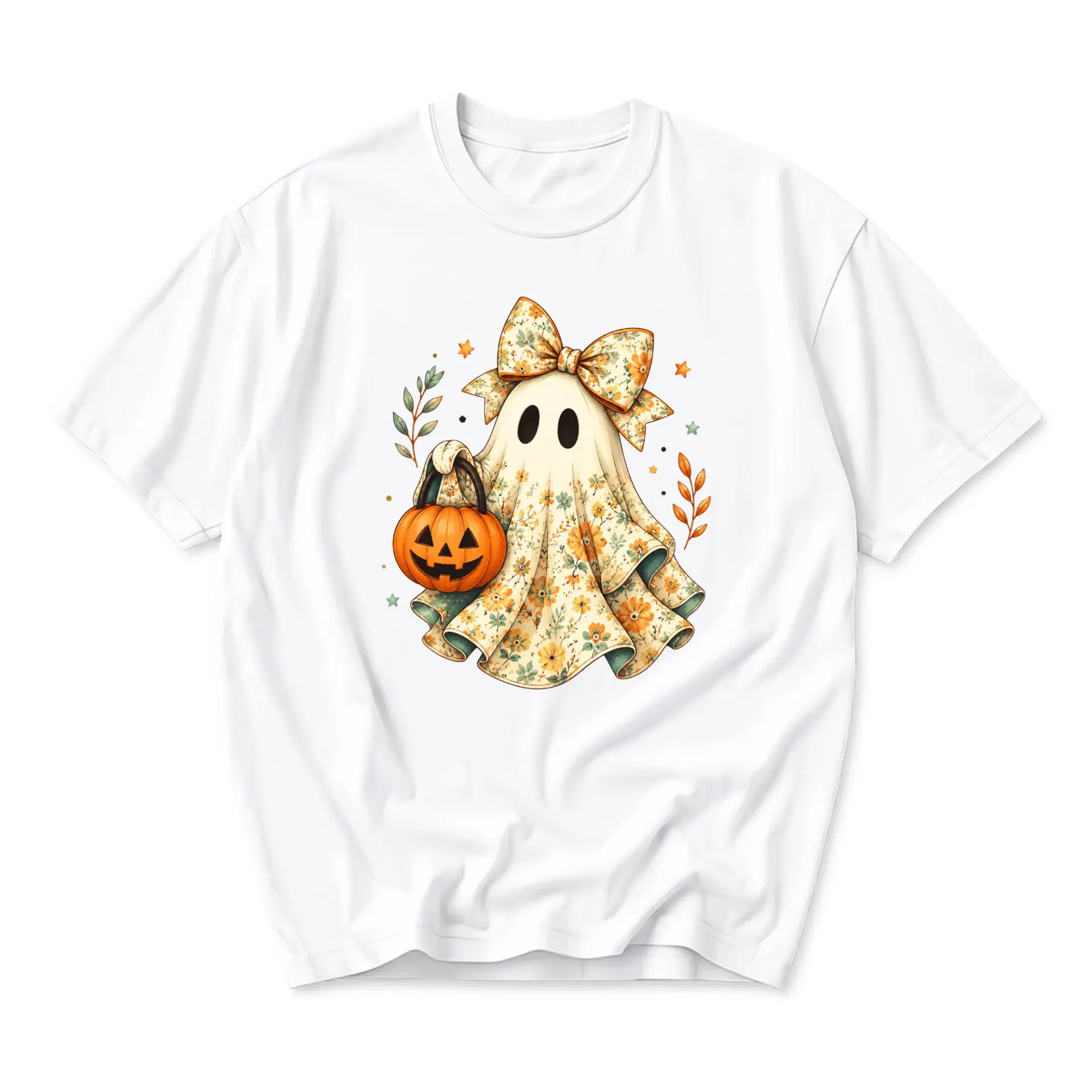 Graphic Tee Unisex Floral Ghost Halloween Pumpkin Print Crew Neck Soft Cotton Blend Casual Everyday Short Sleeve Shirt